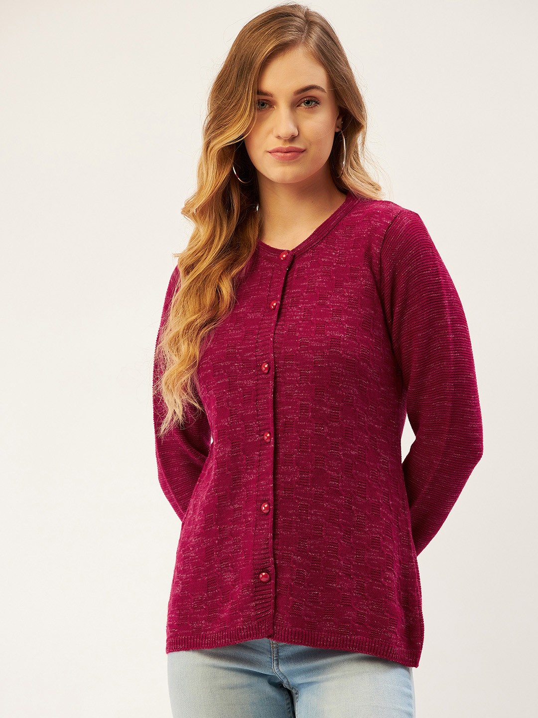 

American Eye Women Maroon Geometric Self Design Cardigan