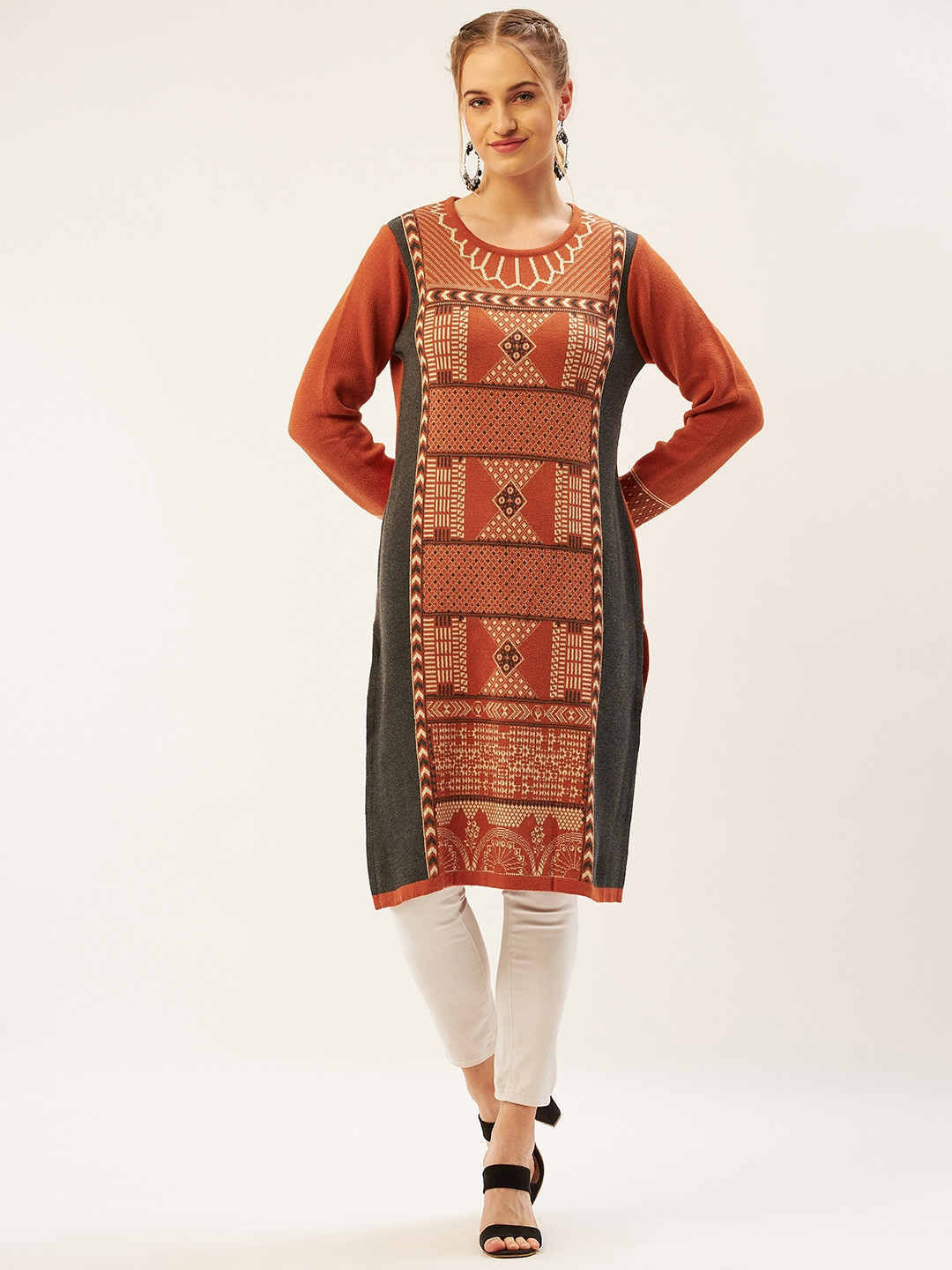 

American Eye Women Rust Orange & White Ethnic Motifs Self Design Winter Kurta
