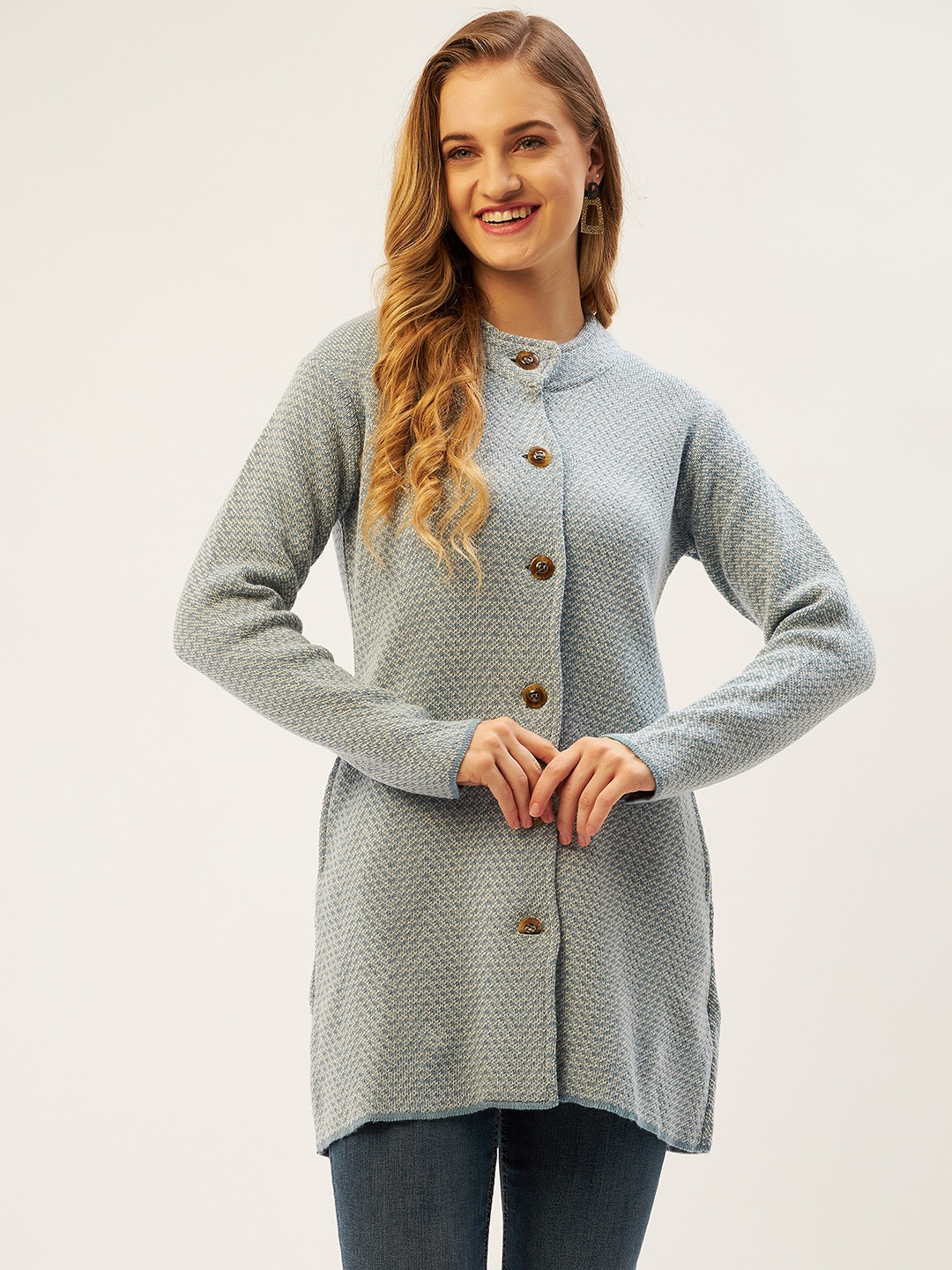 

American Eye Women Blue & White Solid Longline Cardigan