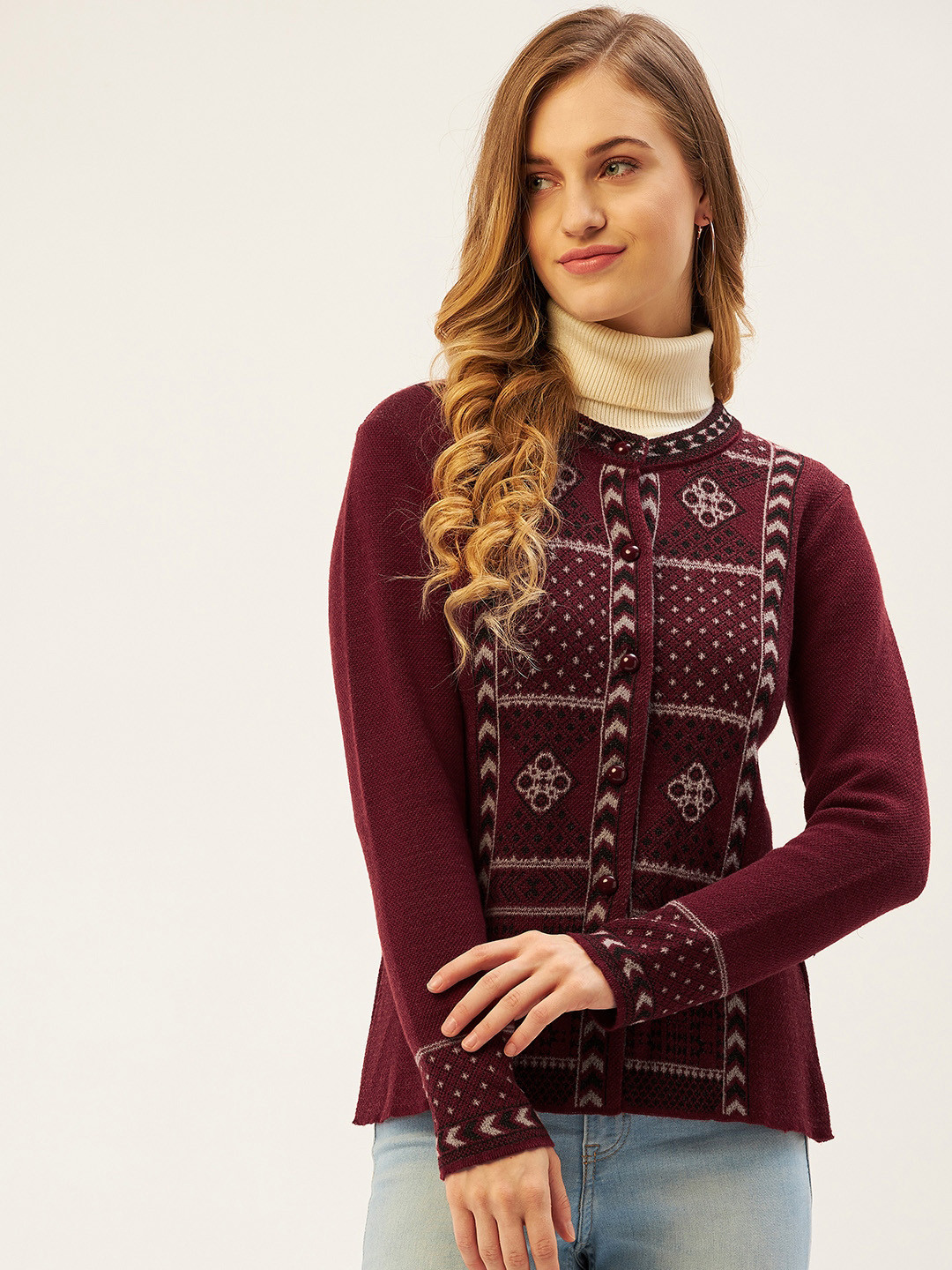 

American Eye Women Maroon & Black Geometric Self Design Cardigan