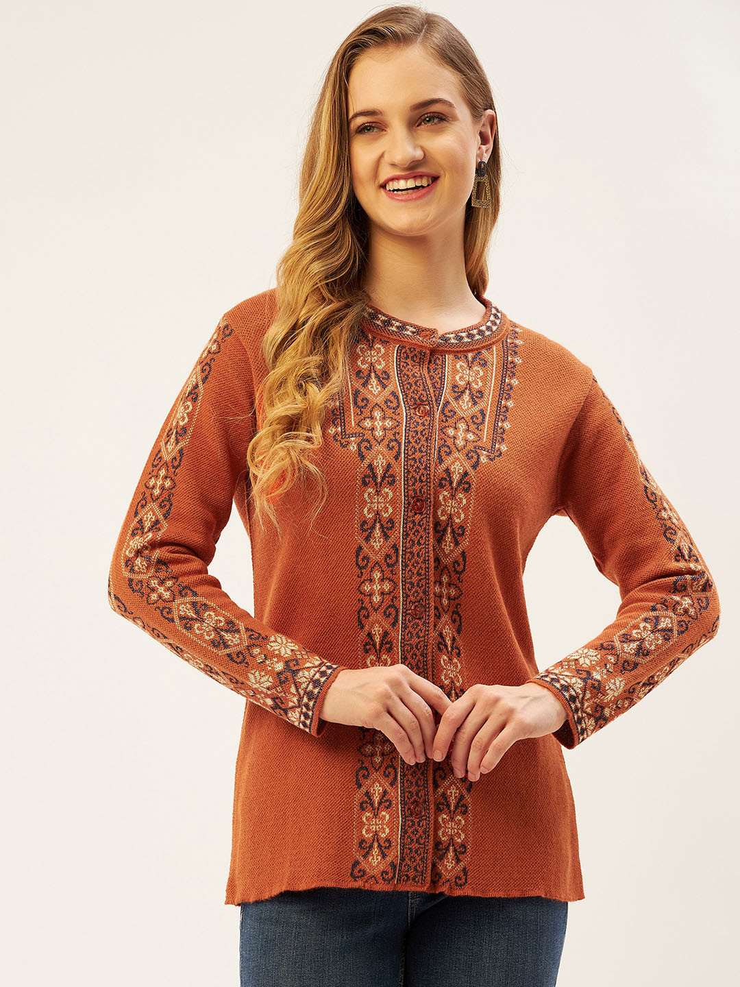 

American Eye Women Rust & Navy Blue Ethnic Self Design Cardigan