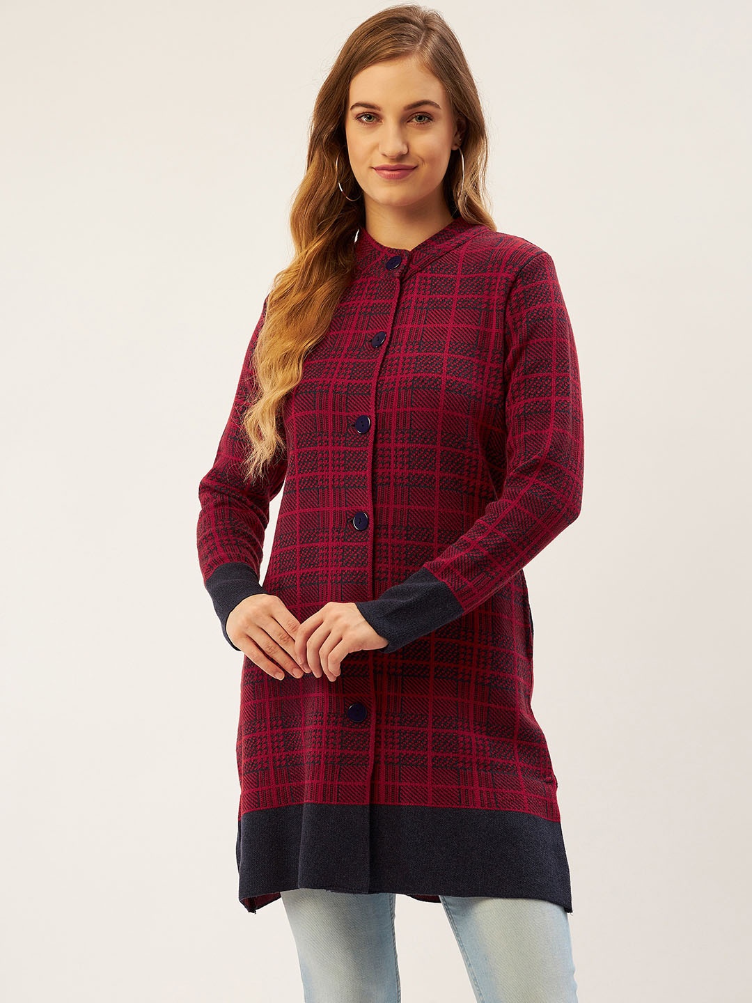 

American Eye Women Maroon & Navy Blue Checked Longline Cardigan