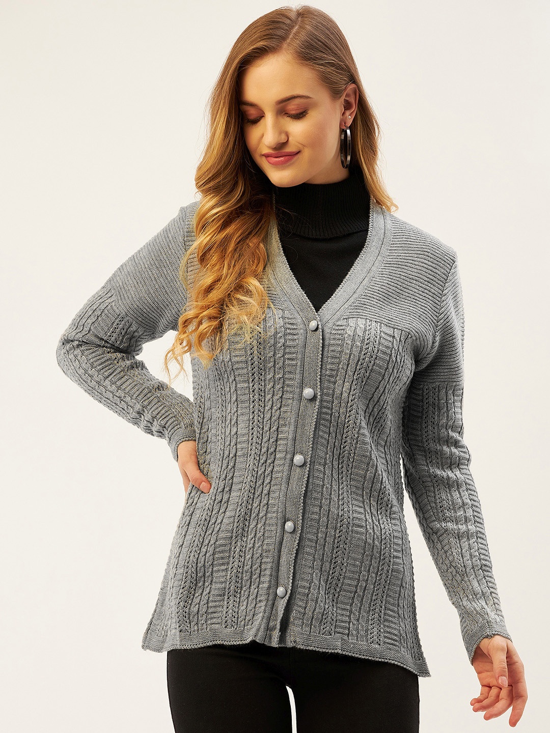 

American Eye Women Grey Cable Knit Cardigan