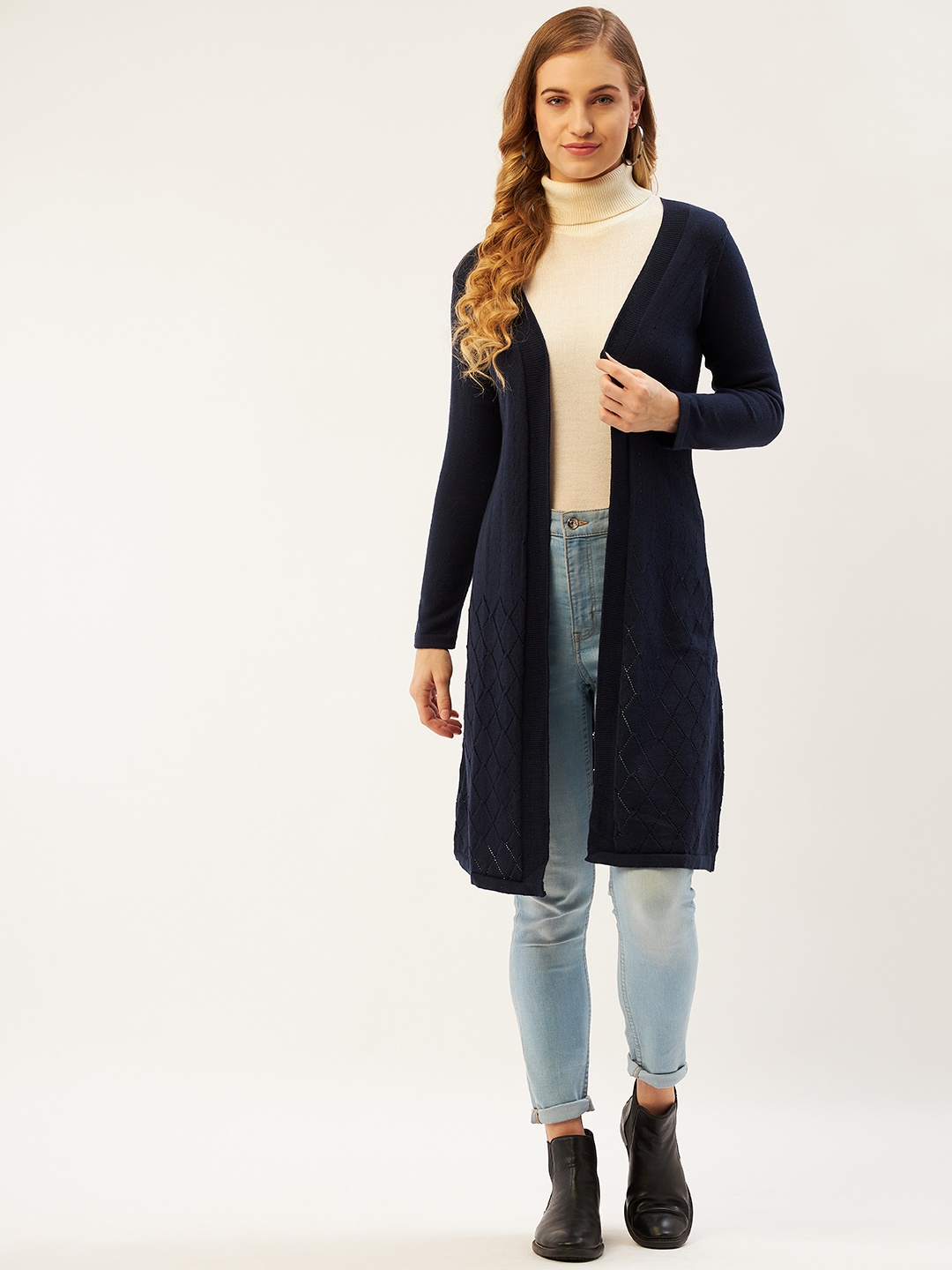 

American Eye Women Navy Blue Geometric Self Design Longline Cardigan