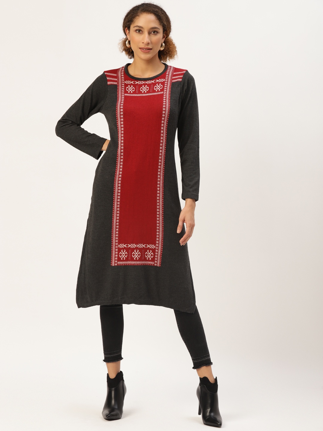 

American Eye Women Charcoal & Red Ethnic Motifs Self Design Winter Kurta