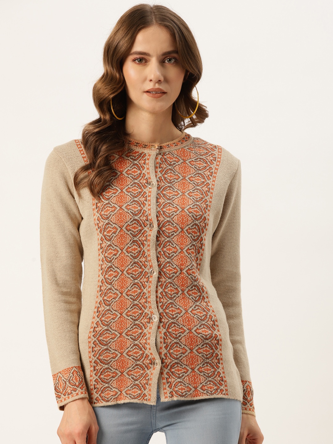 

American Eye Women Beige & Orange Ethnic Self Design Cardigan