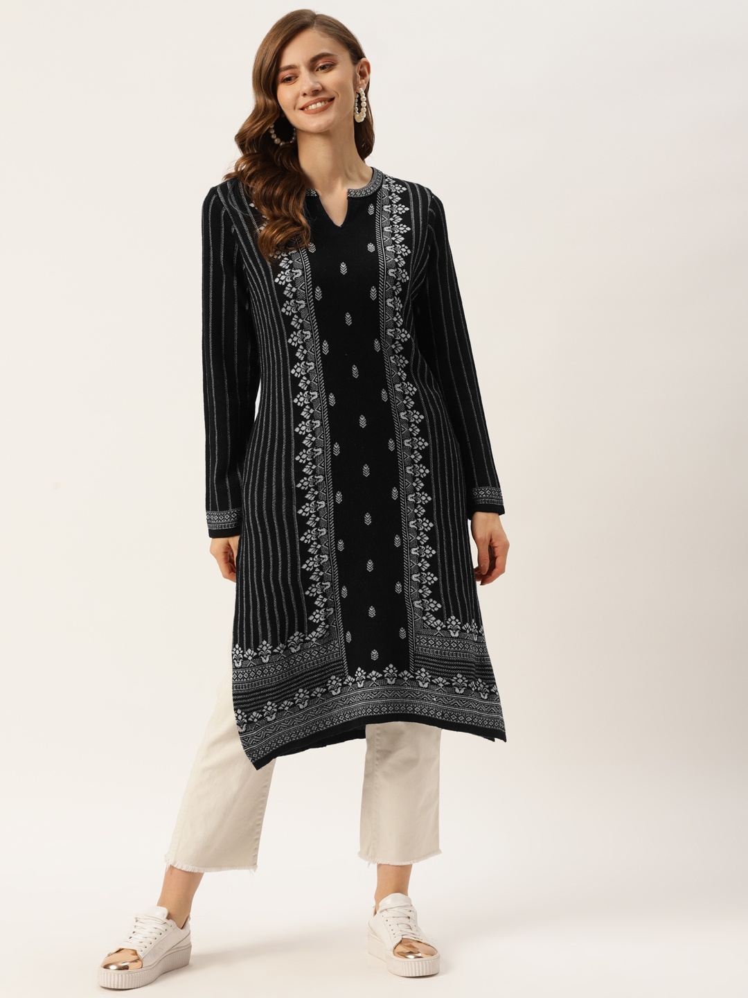 

American Eye Women Black & White Ethnic Motifs Self Design Winter Kurta