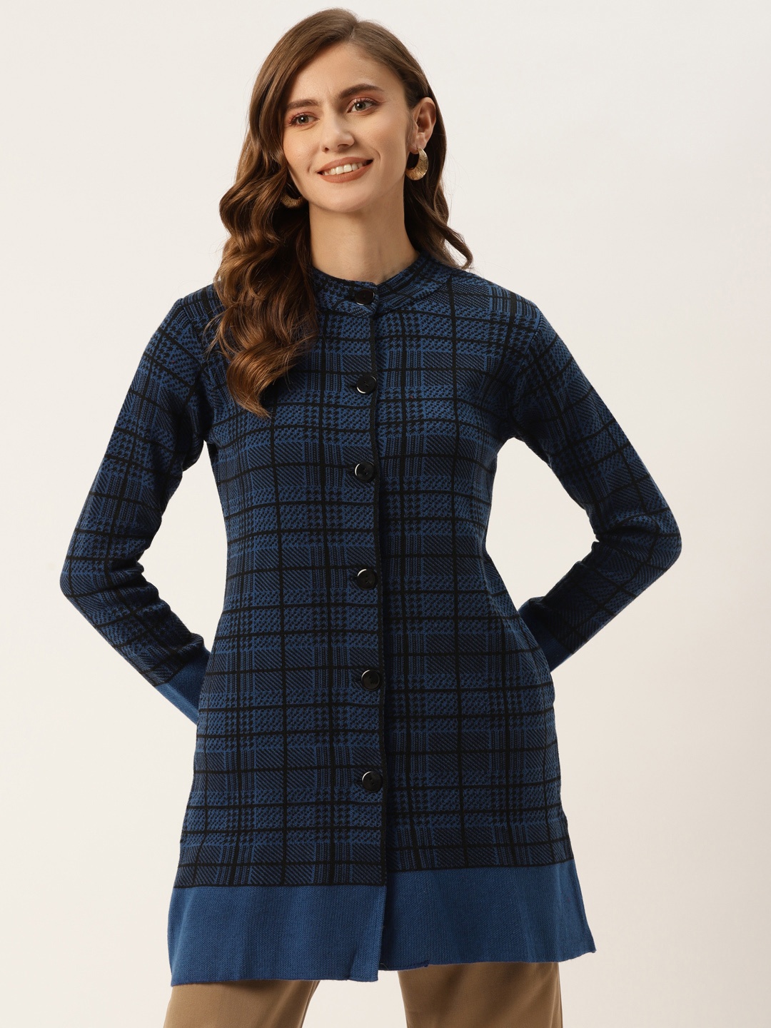 

American Eye Women Blue & Black Checked Longline Cardigan