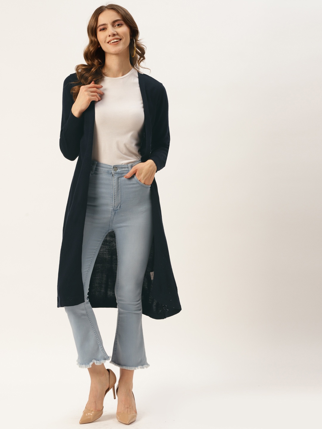 

American Eye Women Navy Blue Longline Front Open Sweater