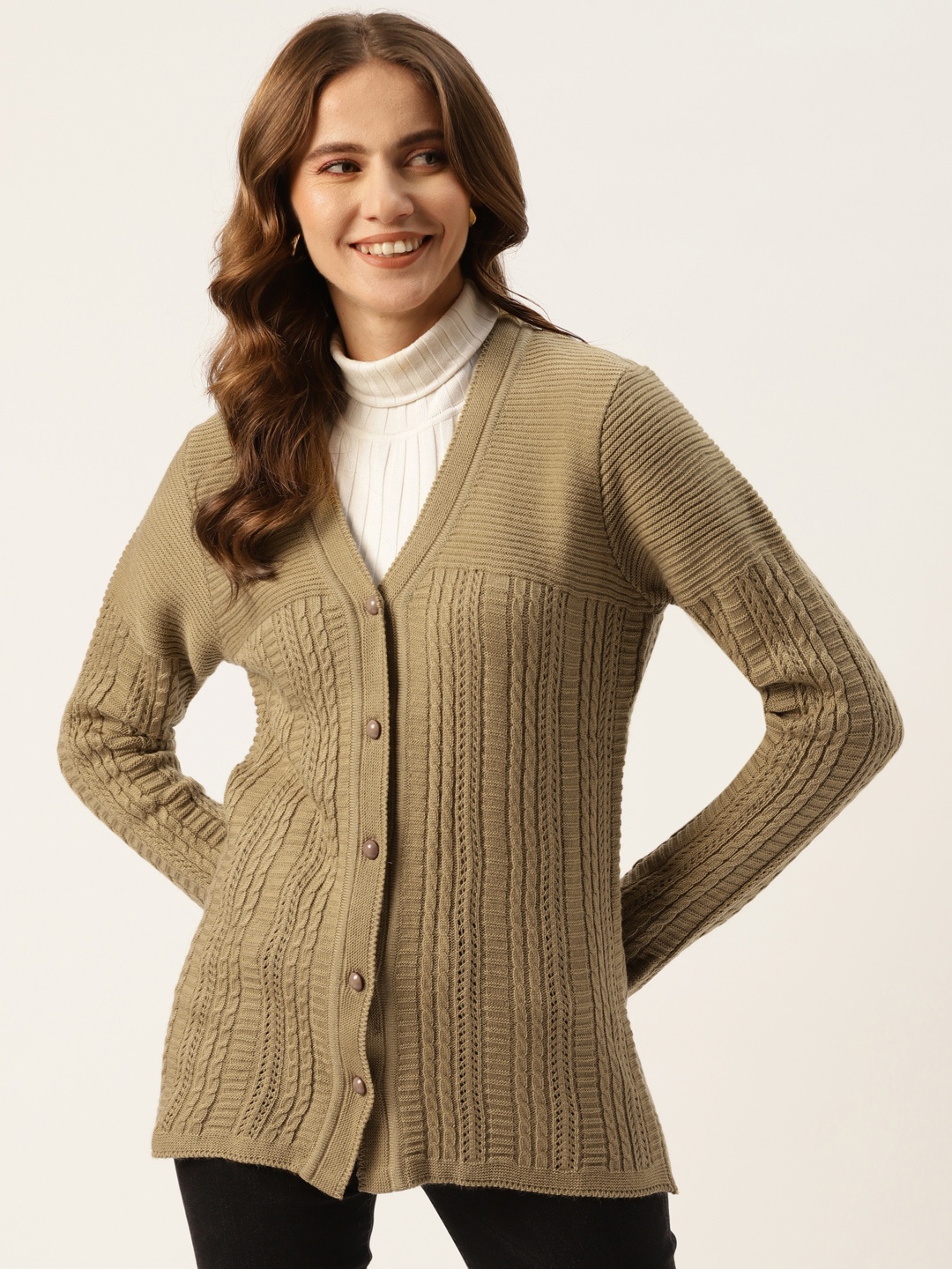 

American Eye Women Brown Self Design Cardigan