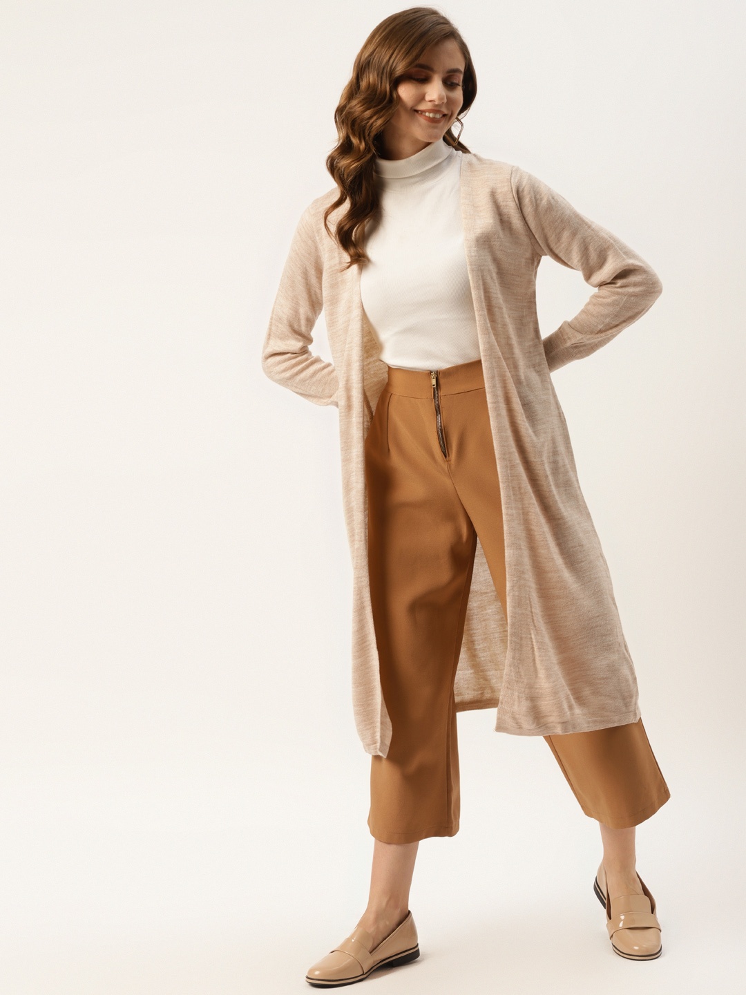 

American Eye Women Beige Solid Longline Front-Open Sweaters