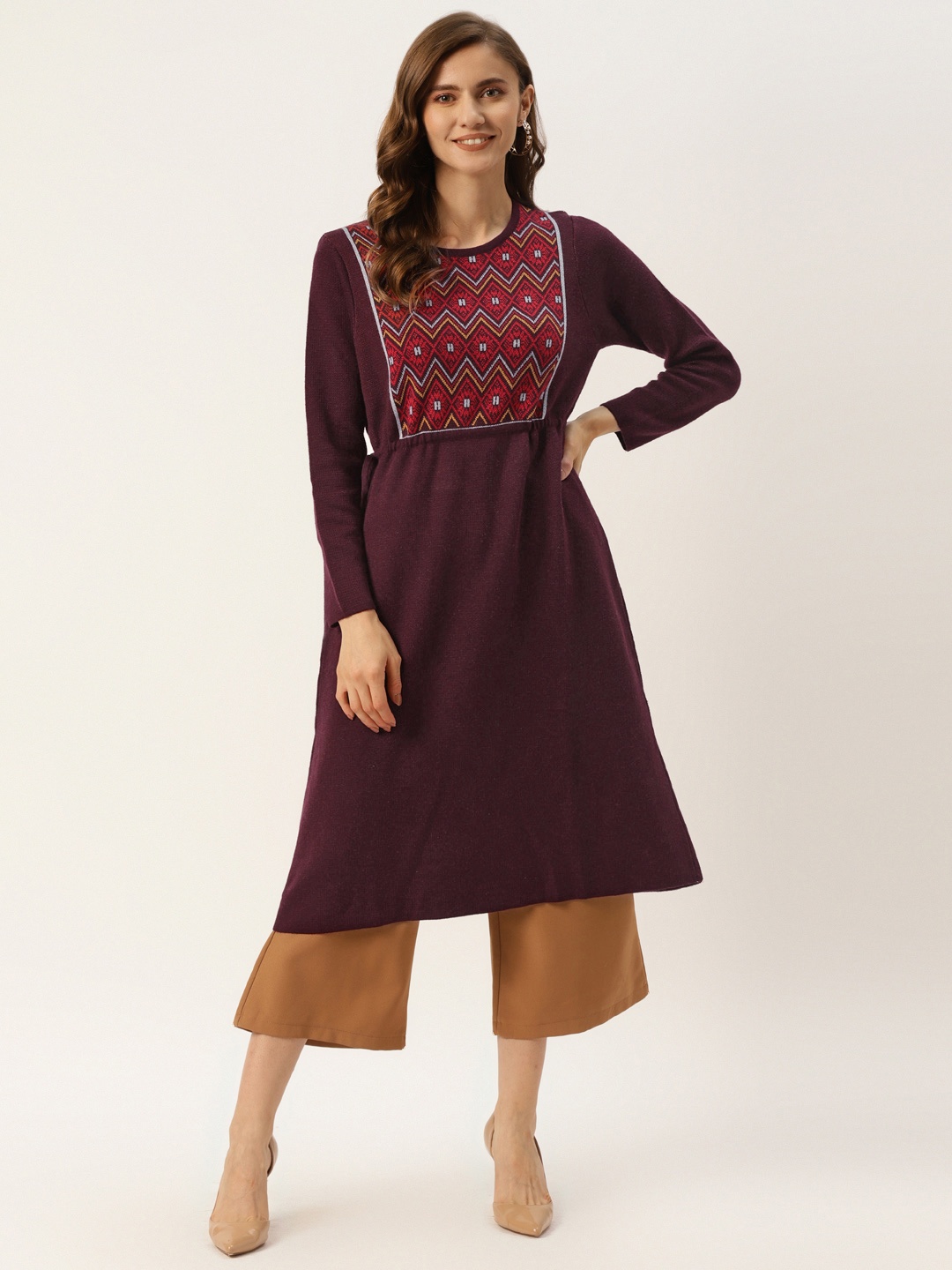 

American Eye Women Burgundy & Red Geometric Woollen Kurta