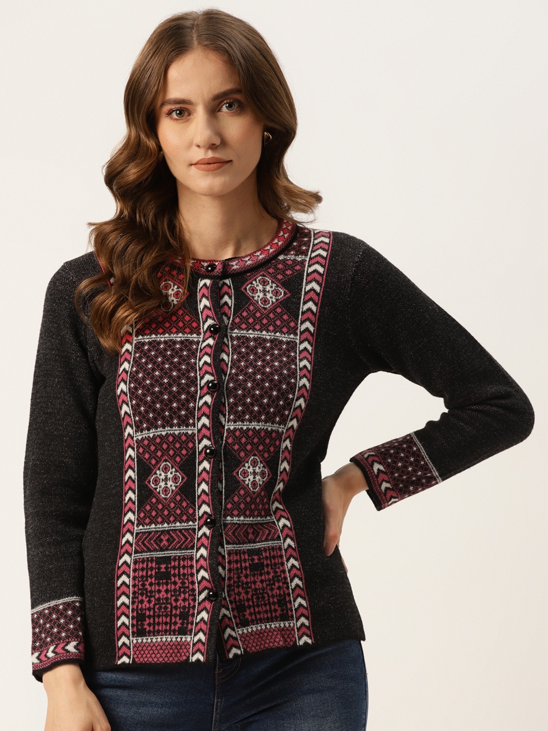 

American Eye Women Black & Pink Geometric Cardigan