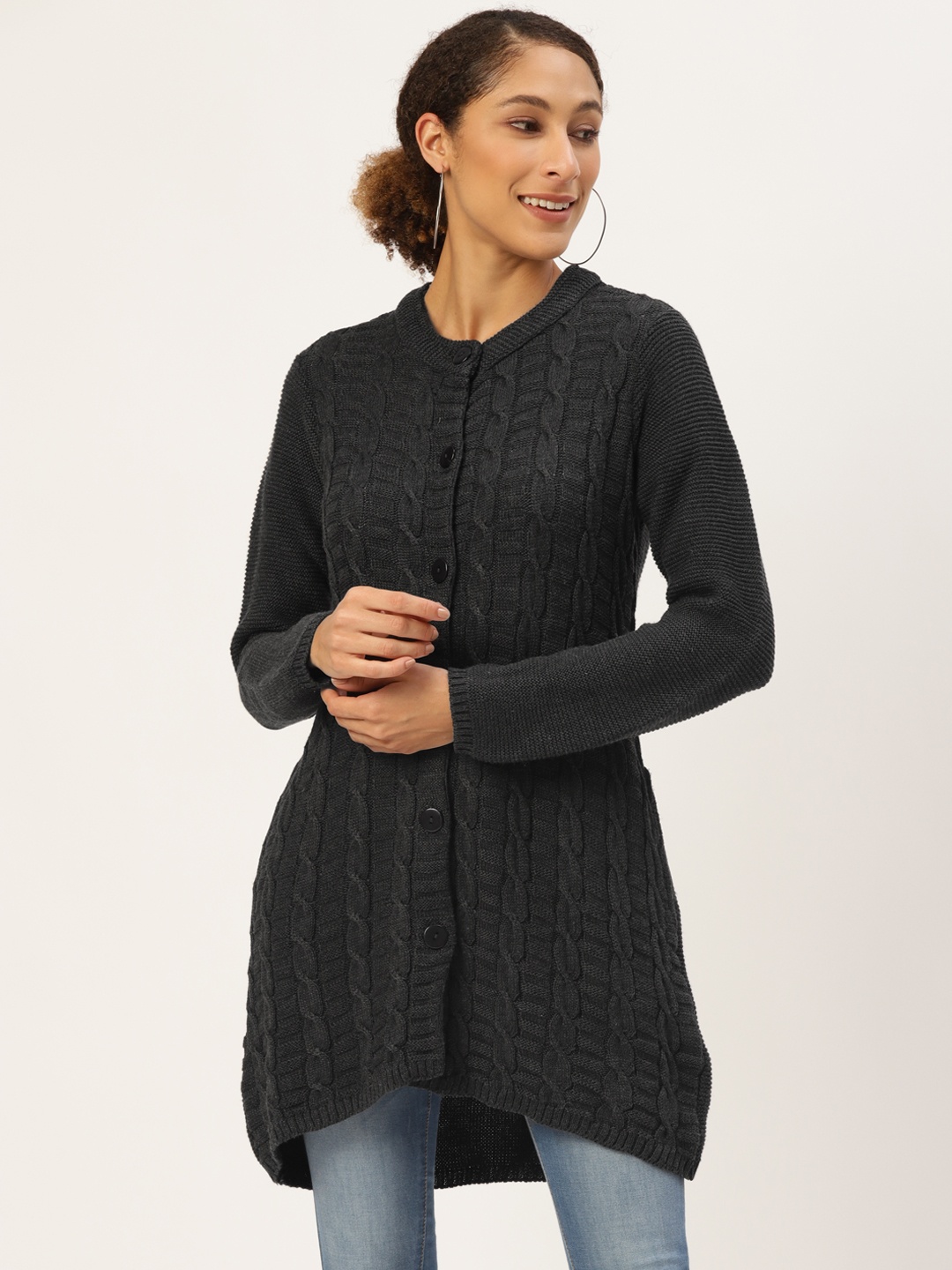 

American Eye Women Charcoal Grey Cable Knit Longline Cardigan