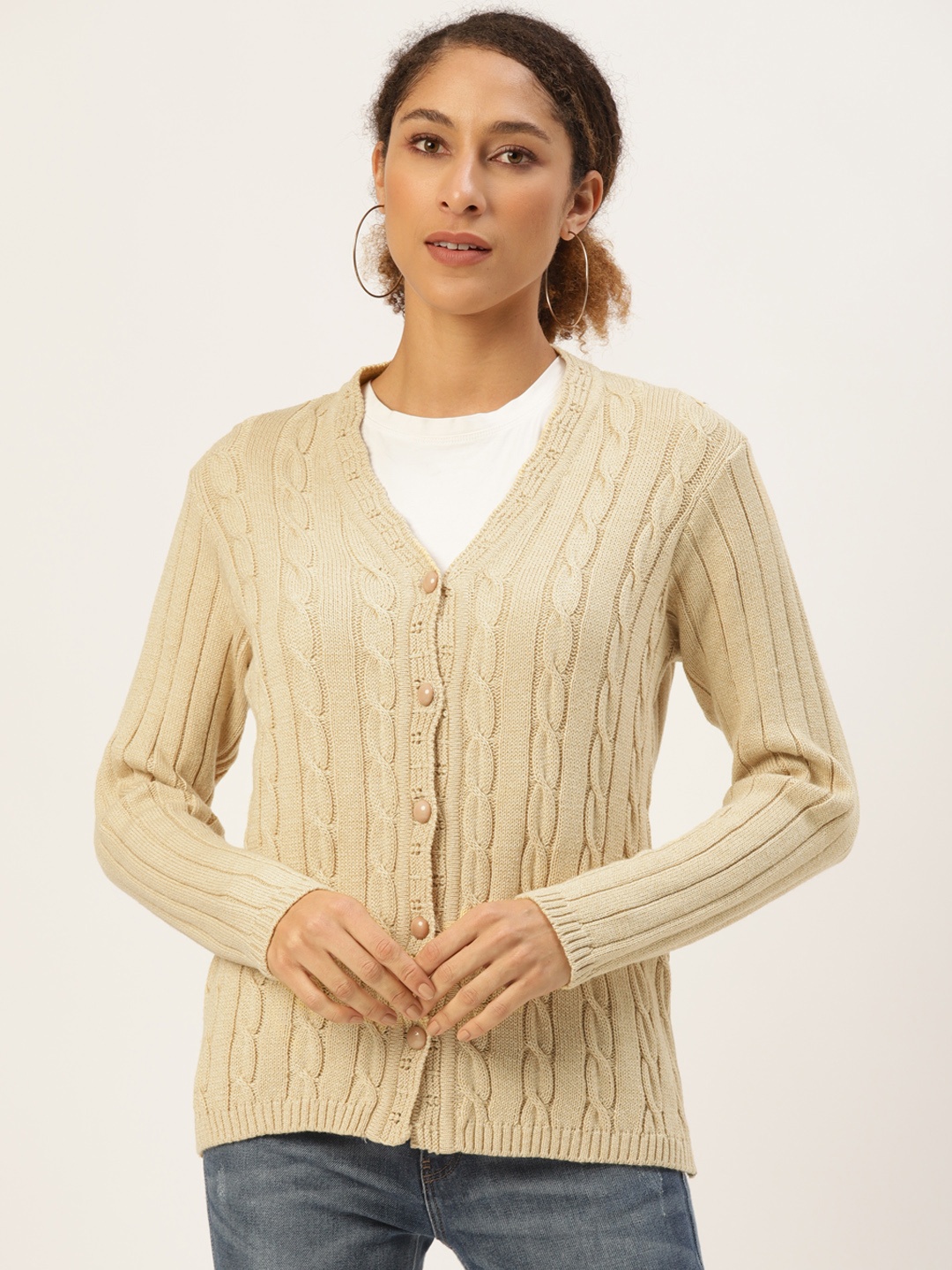 

American Eye Women Beige Cable Knit Cardigan