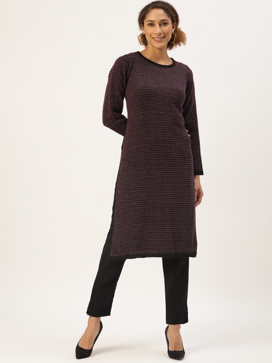 

American Eye Women Black & Burgundy Striped Woollen Kurta