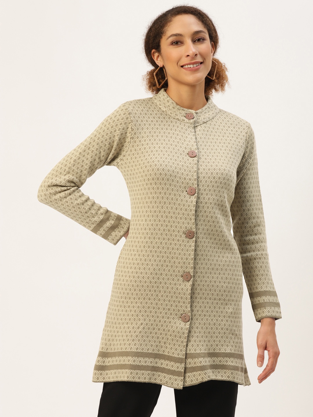 

American Eye Women Beige & Brown Geometric Longline Cardigan