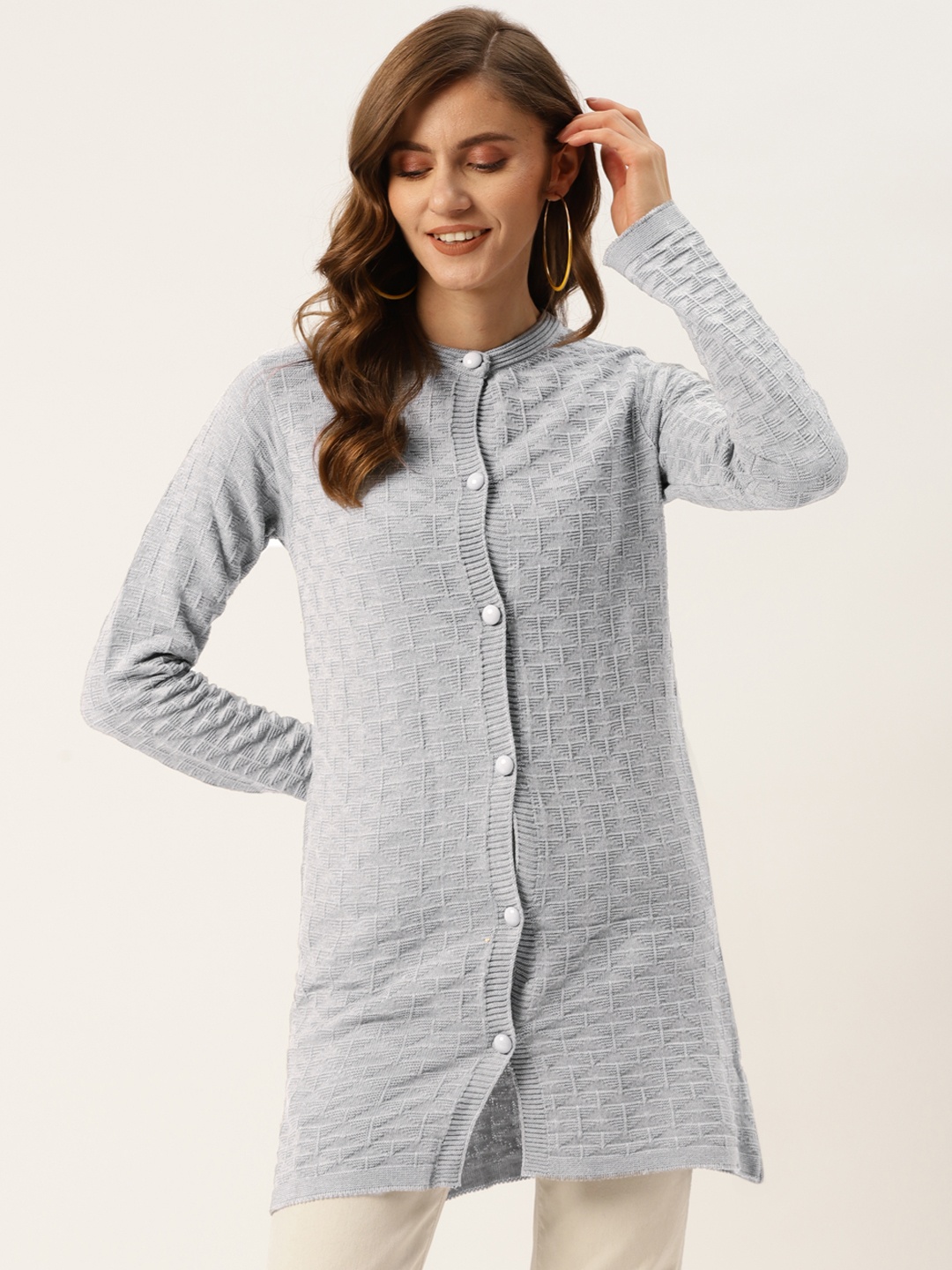 

American Eye Women Grey Melange Self-Design Longline Cardigan