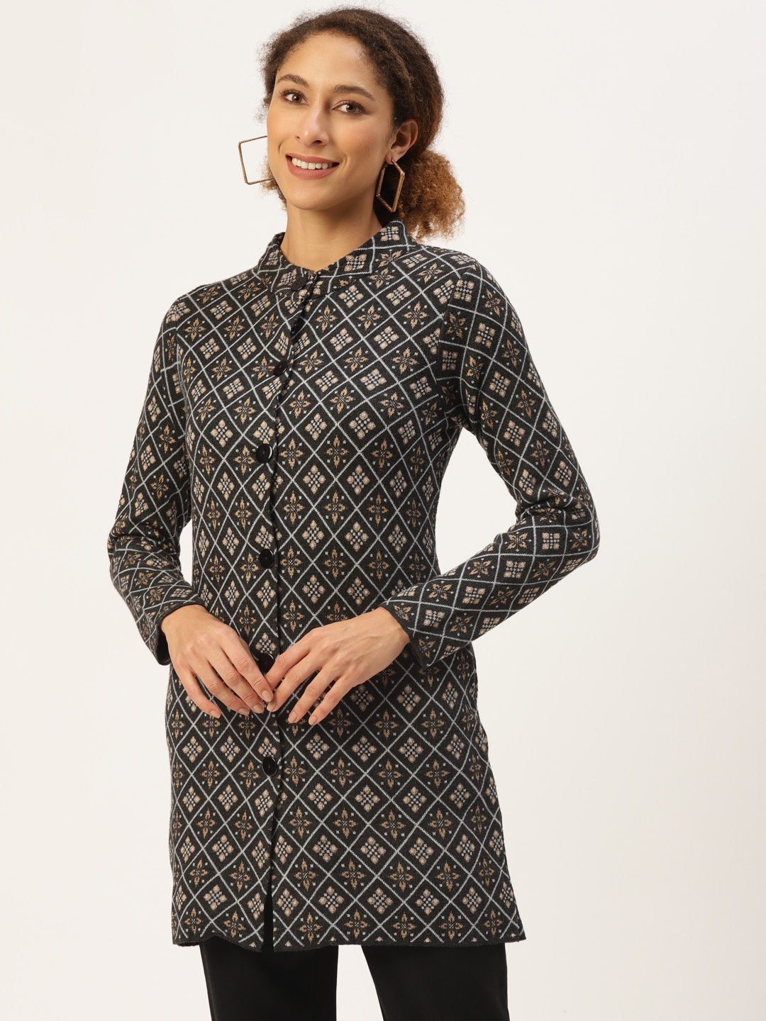 

American Eye Women Charcoal Grey & Beige Self-Design Longline Cardigan