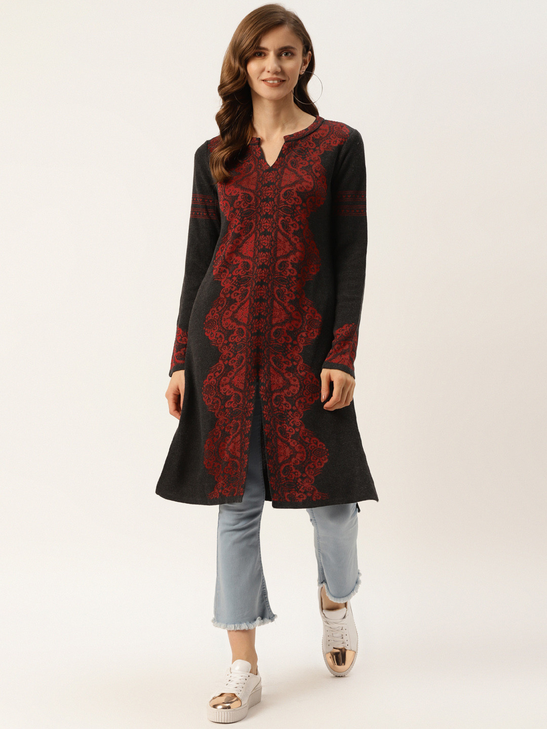 

American Eye Women Charcoal & Red Ethnic Motifs Kurta
