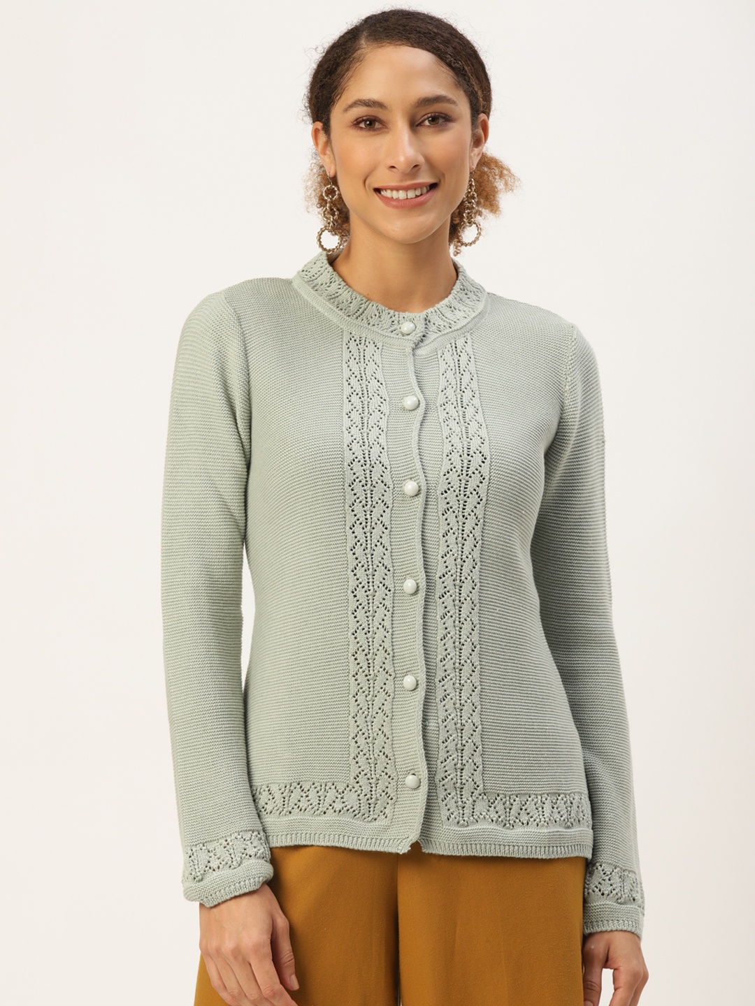 

American Eye Women Pista Green Solid Cardigan with Embroidered Detail