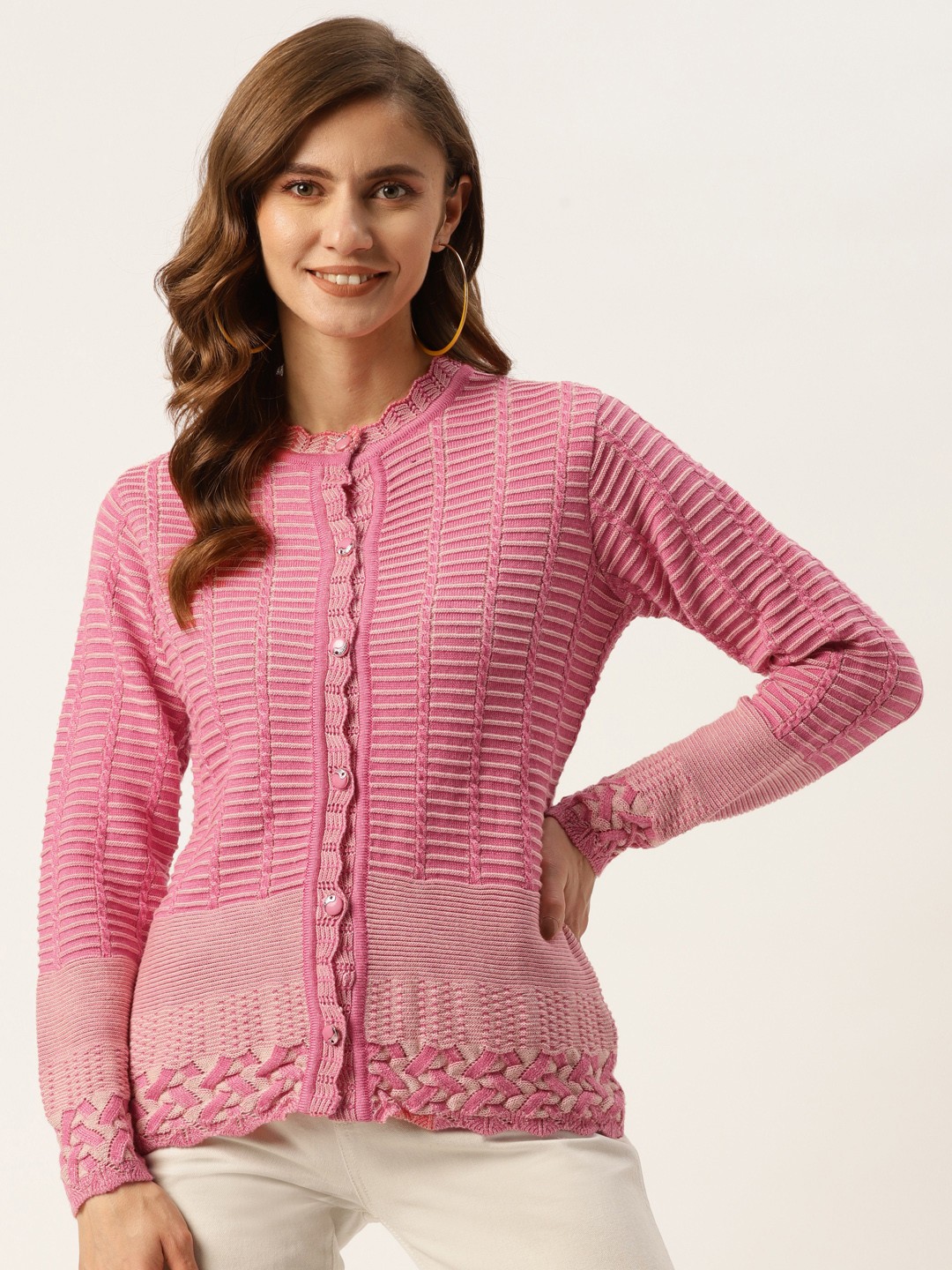 

American Eye Women Pink & Beige Self Design Cardigan
