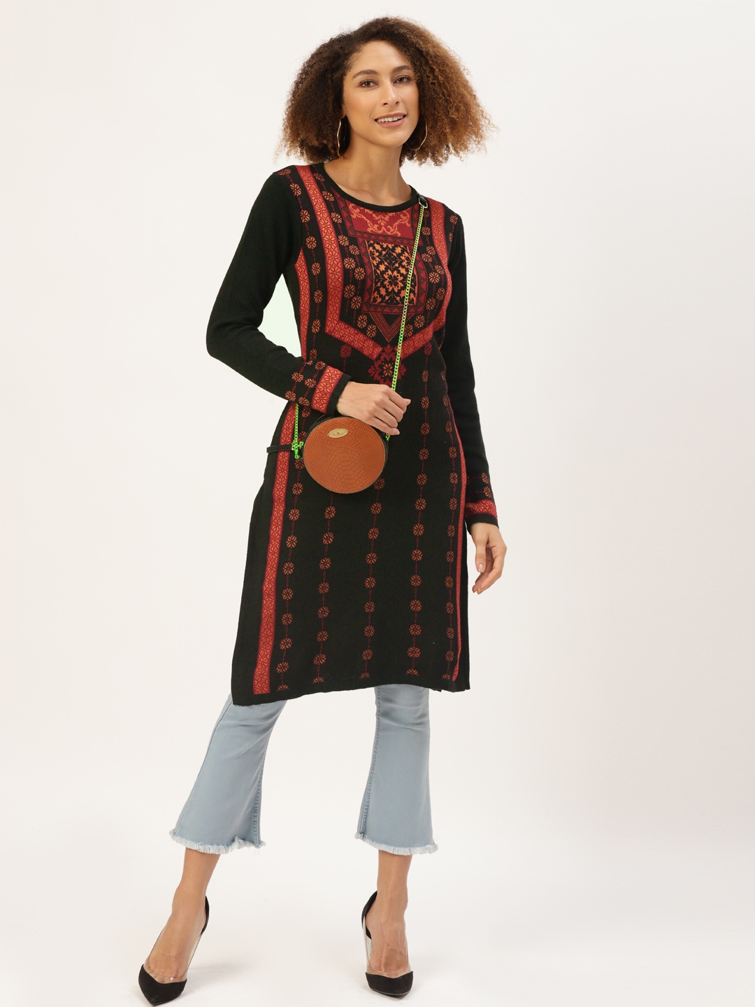 

American Eye Women Black & Red Geometric Self Design Winter Kurta