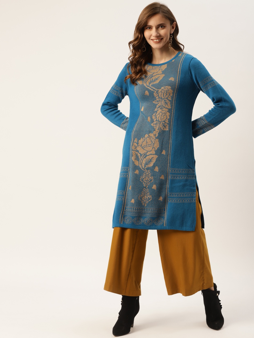

American Eye Women Blue & Brown Floral Self Design Winter Kurta