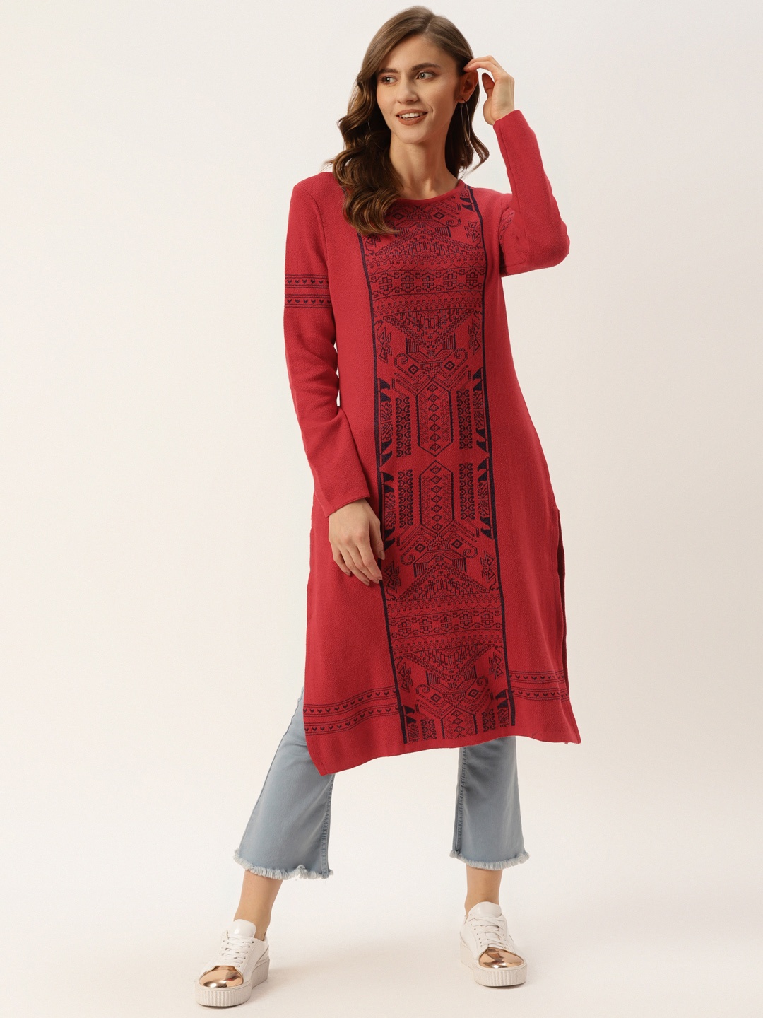 

American Eye Women Red & Black Geometric Self Design Winter Kurta