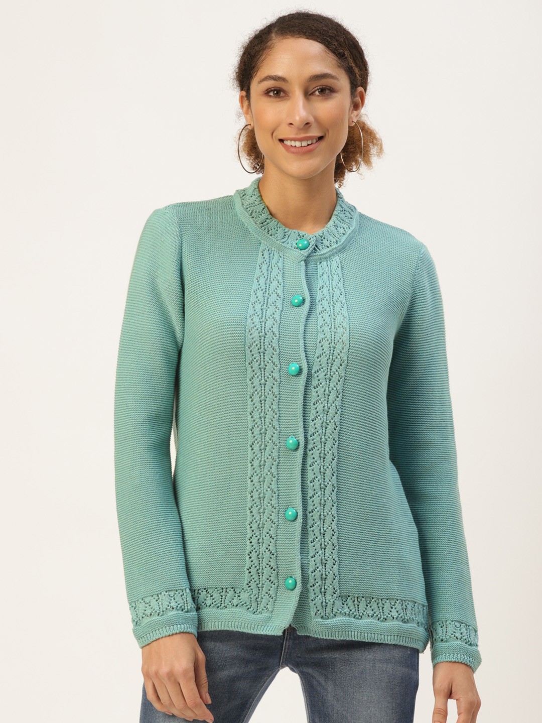 

American Eye Women Sea Green Self Design Cardigan
