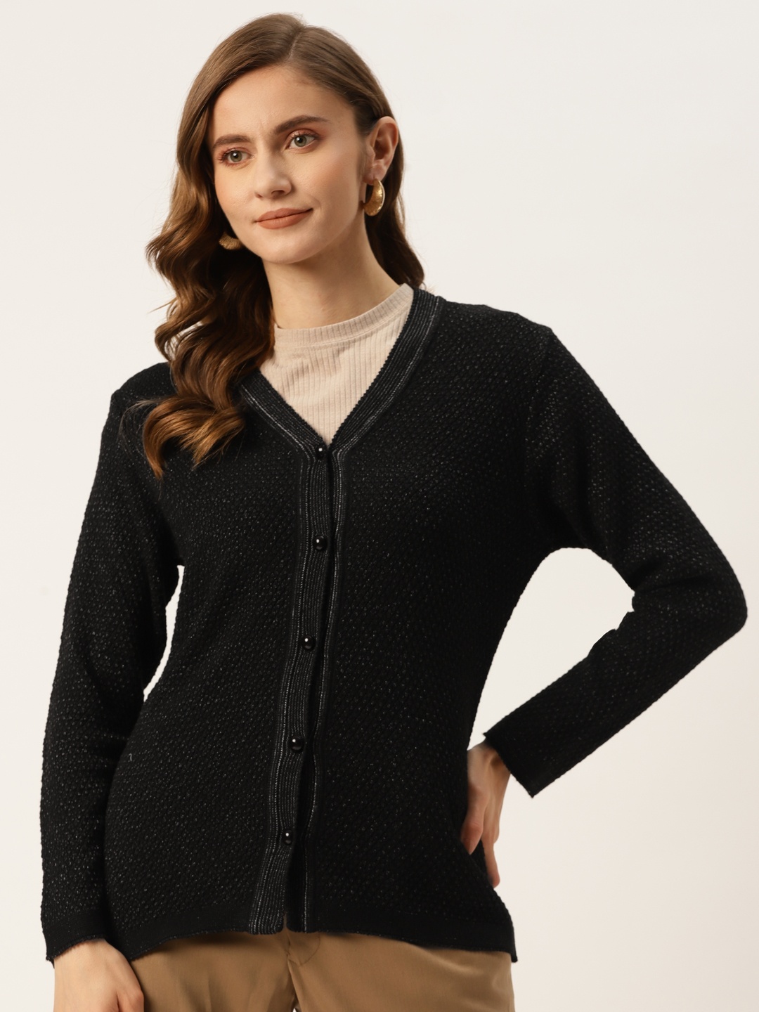 

American Eye Women Black Self Design Cardigan