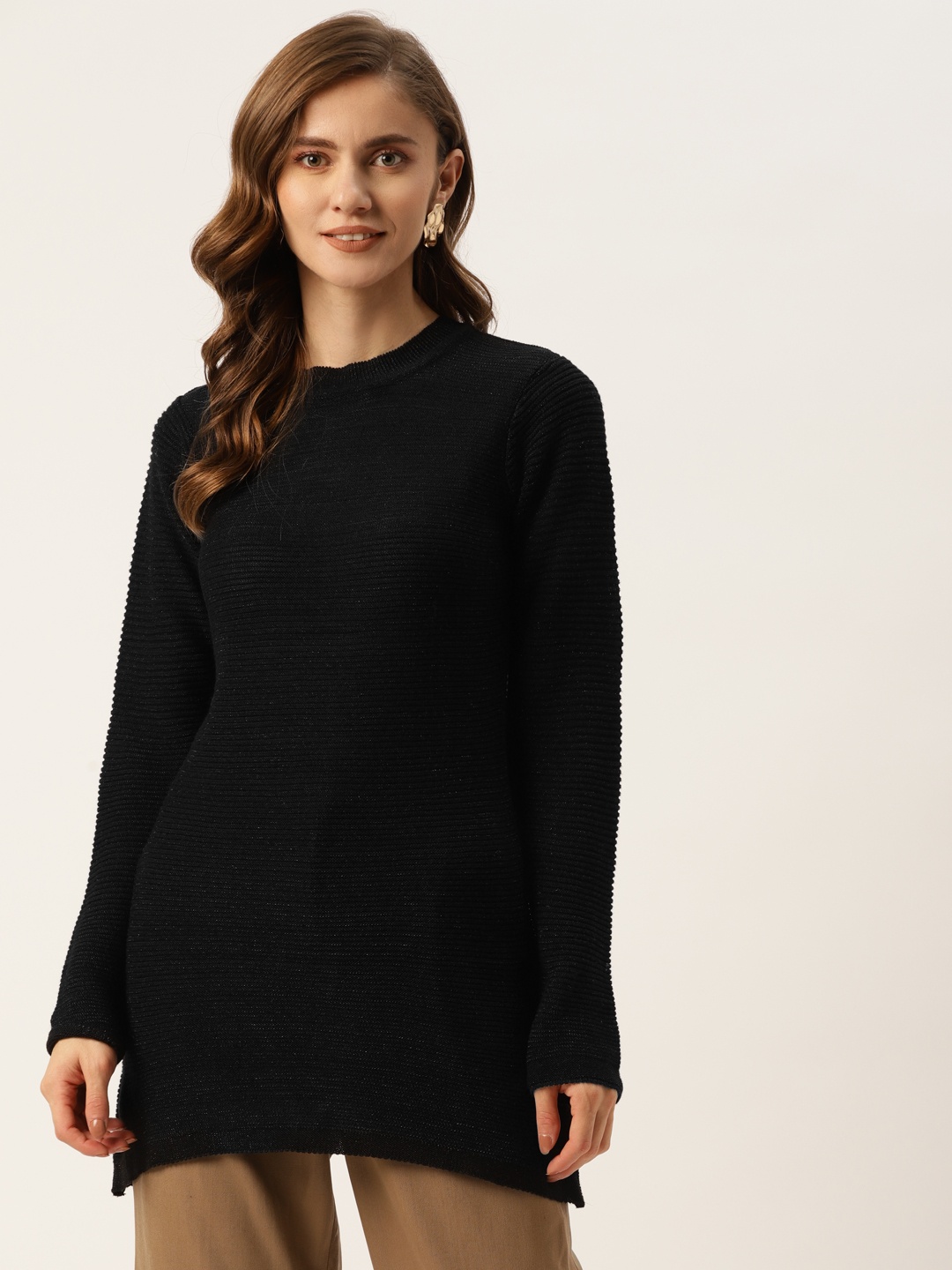 

American Eye Women Black Solid Longline Pullover