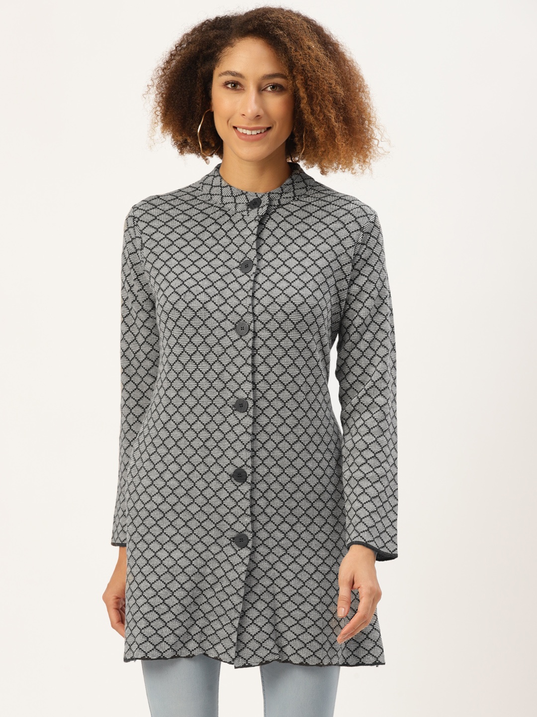 

American Eye Women Charcoal Grey & White Printed Longline Cardigan