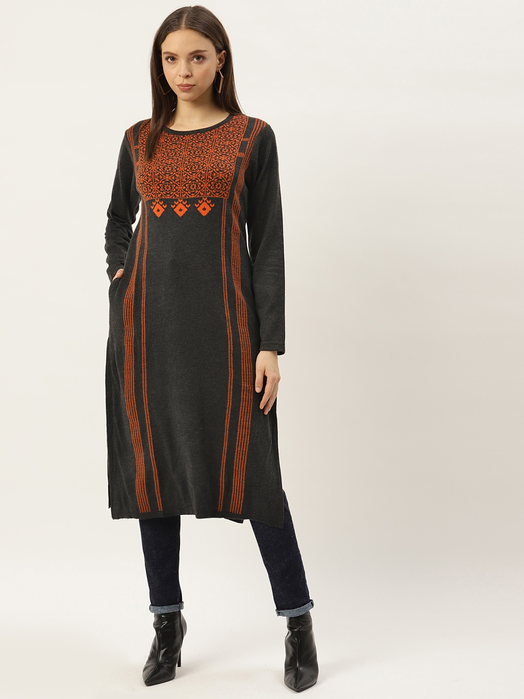 

American Eye Women Charcoal Grey & Orange Ethnic Motifs Acrylic Woolen Straight Kurta
