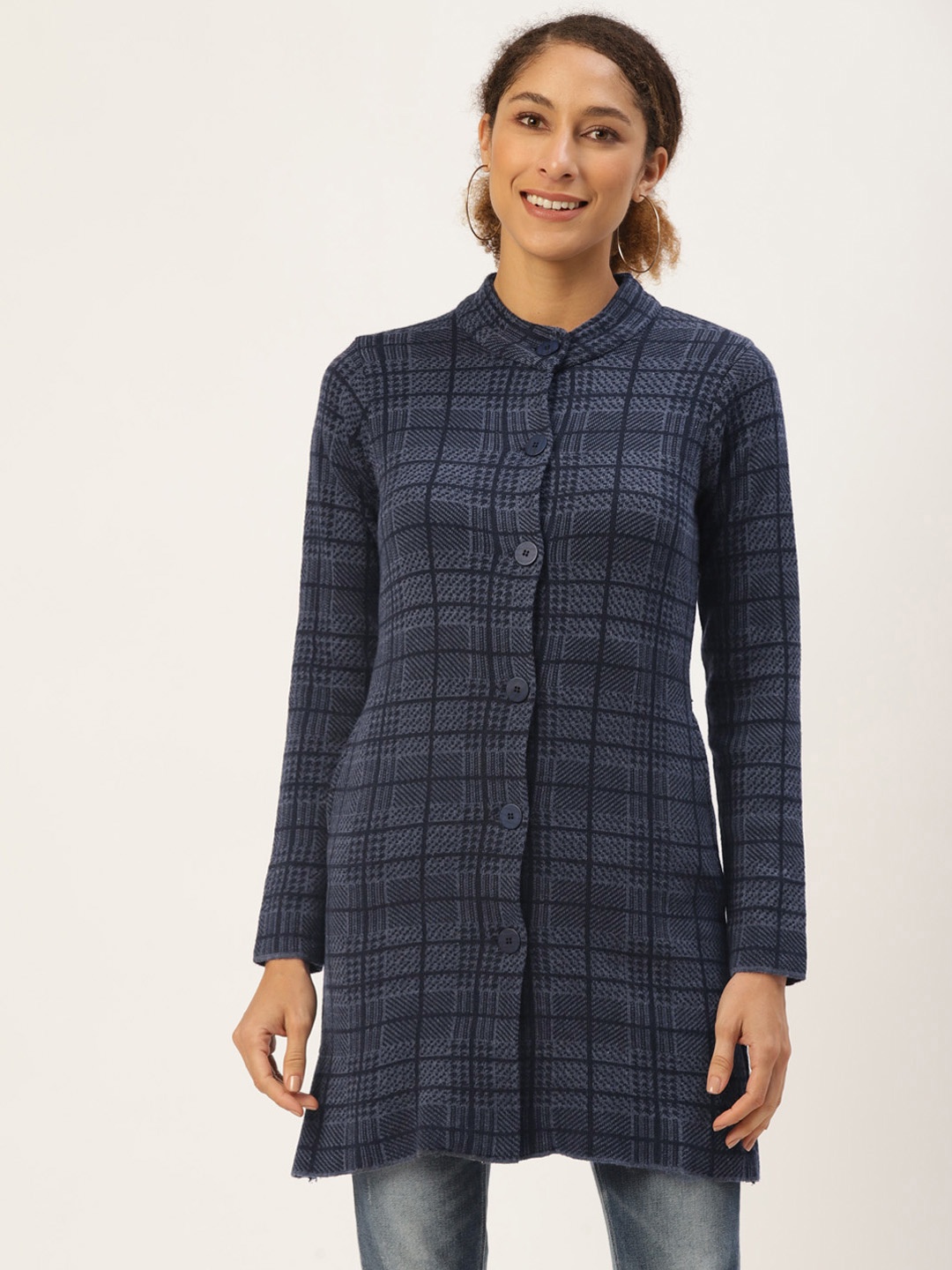 

American Eye Women Navy Blue & Charcoal Grey Checked Longline Cardigan