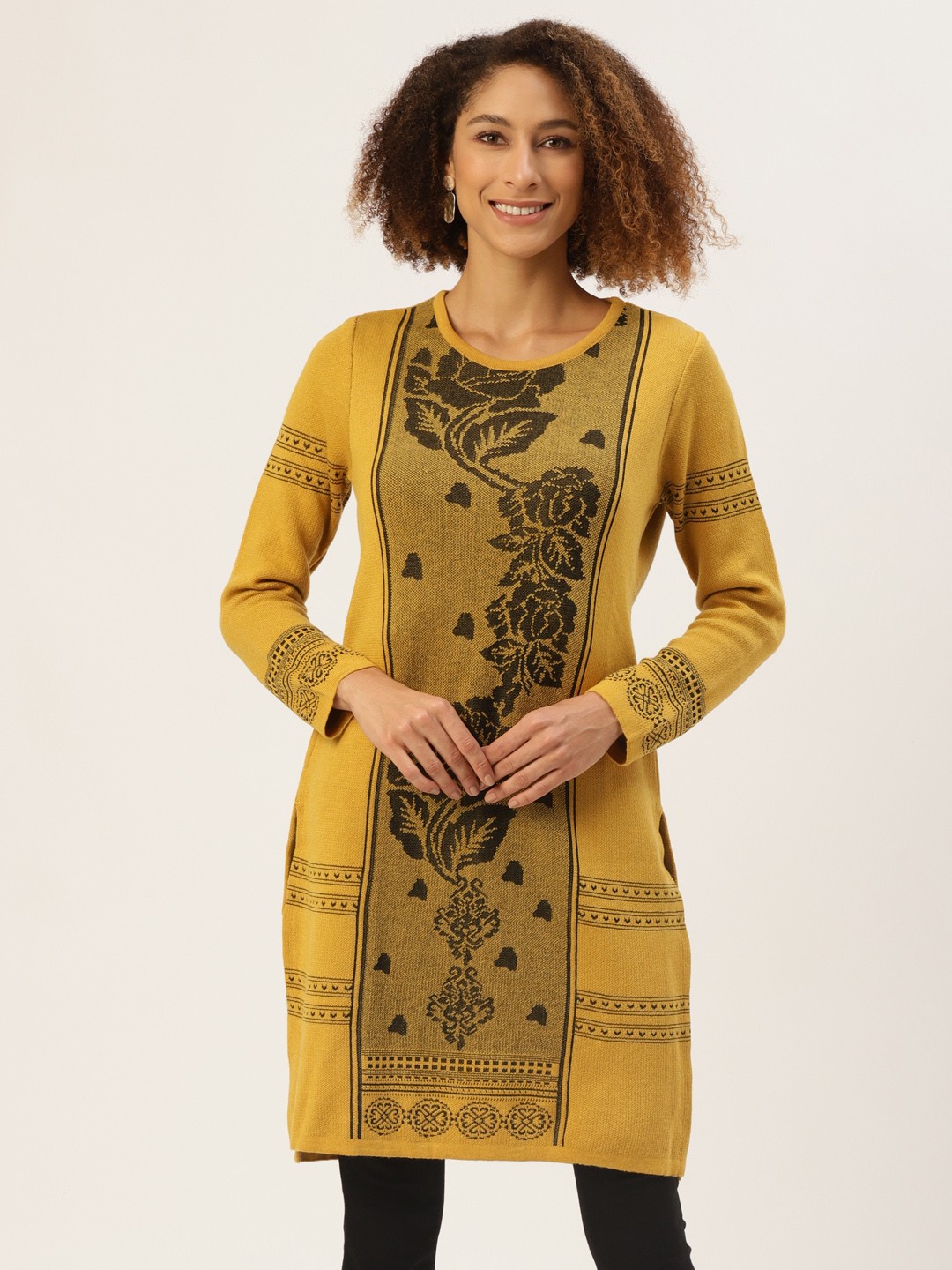 

American Eye Women Mustard Yellow & Black Ethnic Motifs Printed Kurta