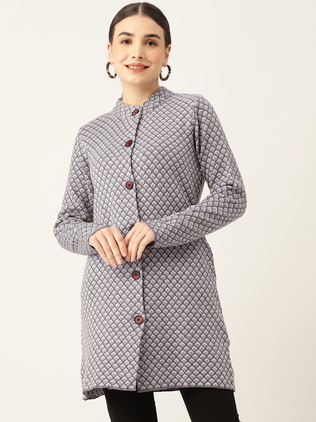 

American Eye Women Grey & White Self-Design Acrylic Longline Cardigan