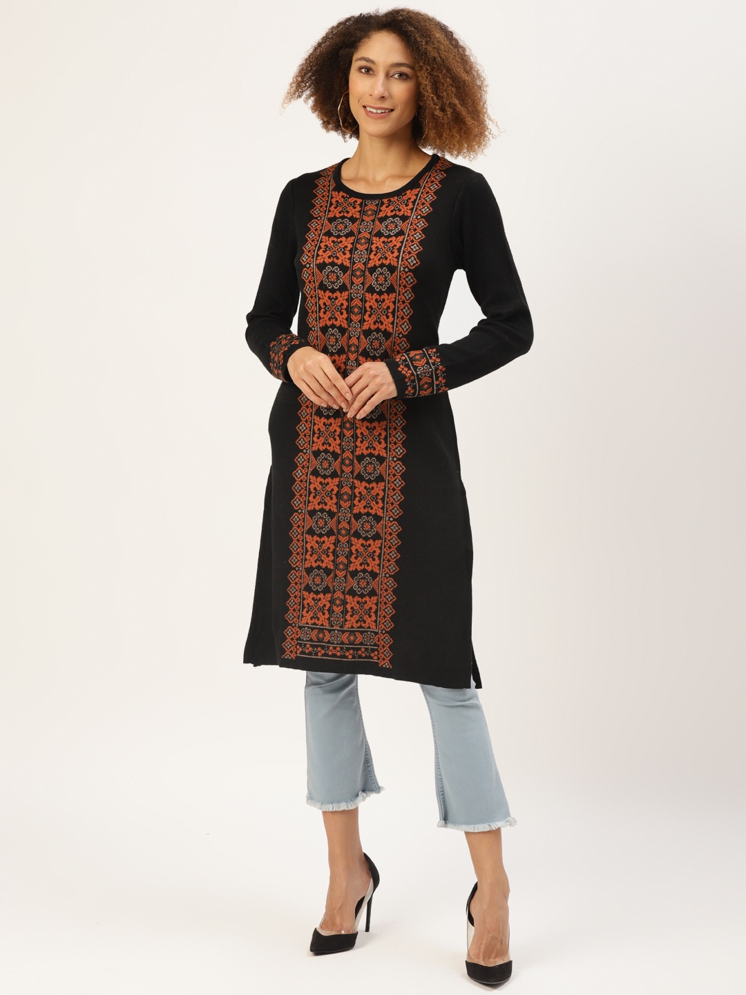 

American Eye Women Black & Orange Ethnic Motifs Design Kurta