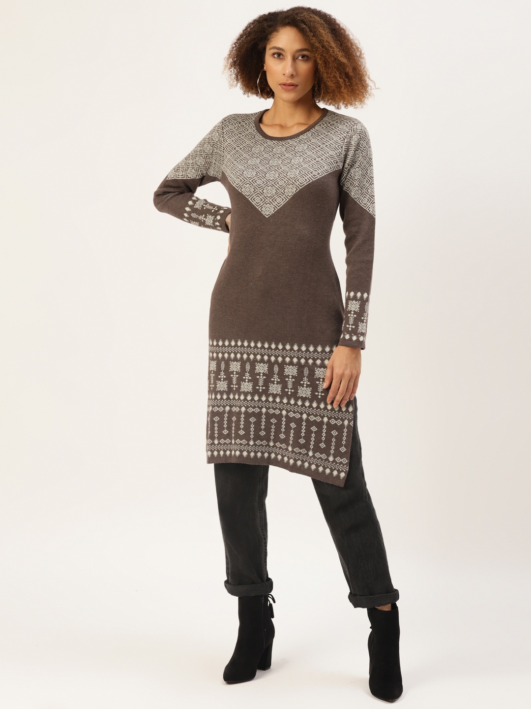 

American Eye Taupe & Off White Geometric Woven Design Woollen Kurti