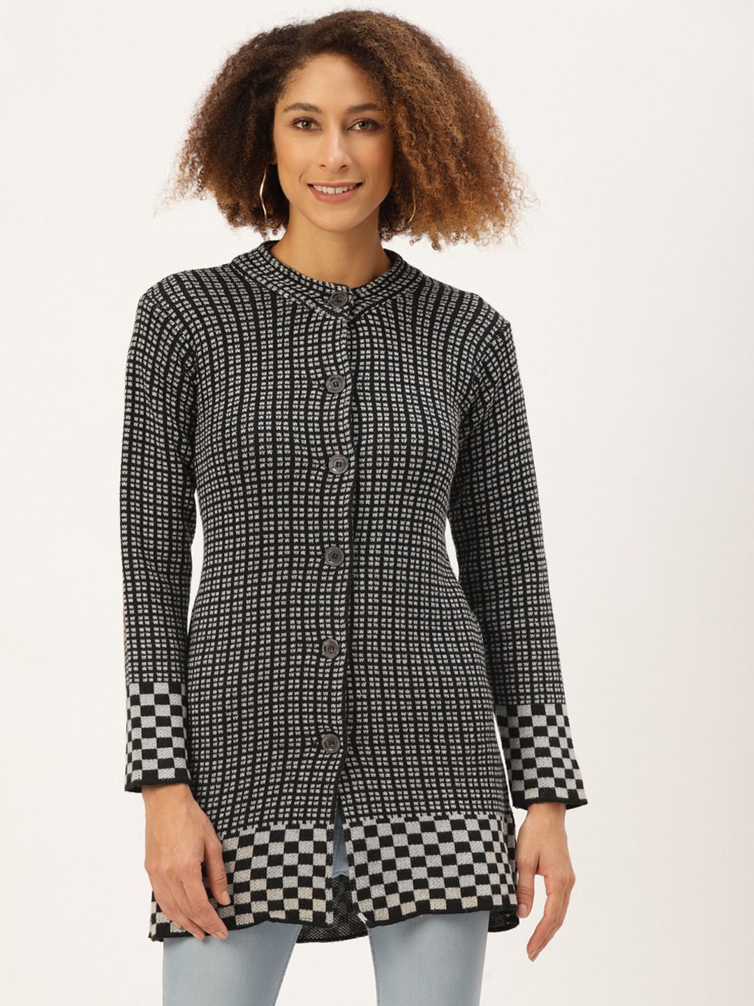 

American Eye Women Black & Grey Melange Geometric Design Cardigan