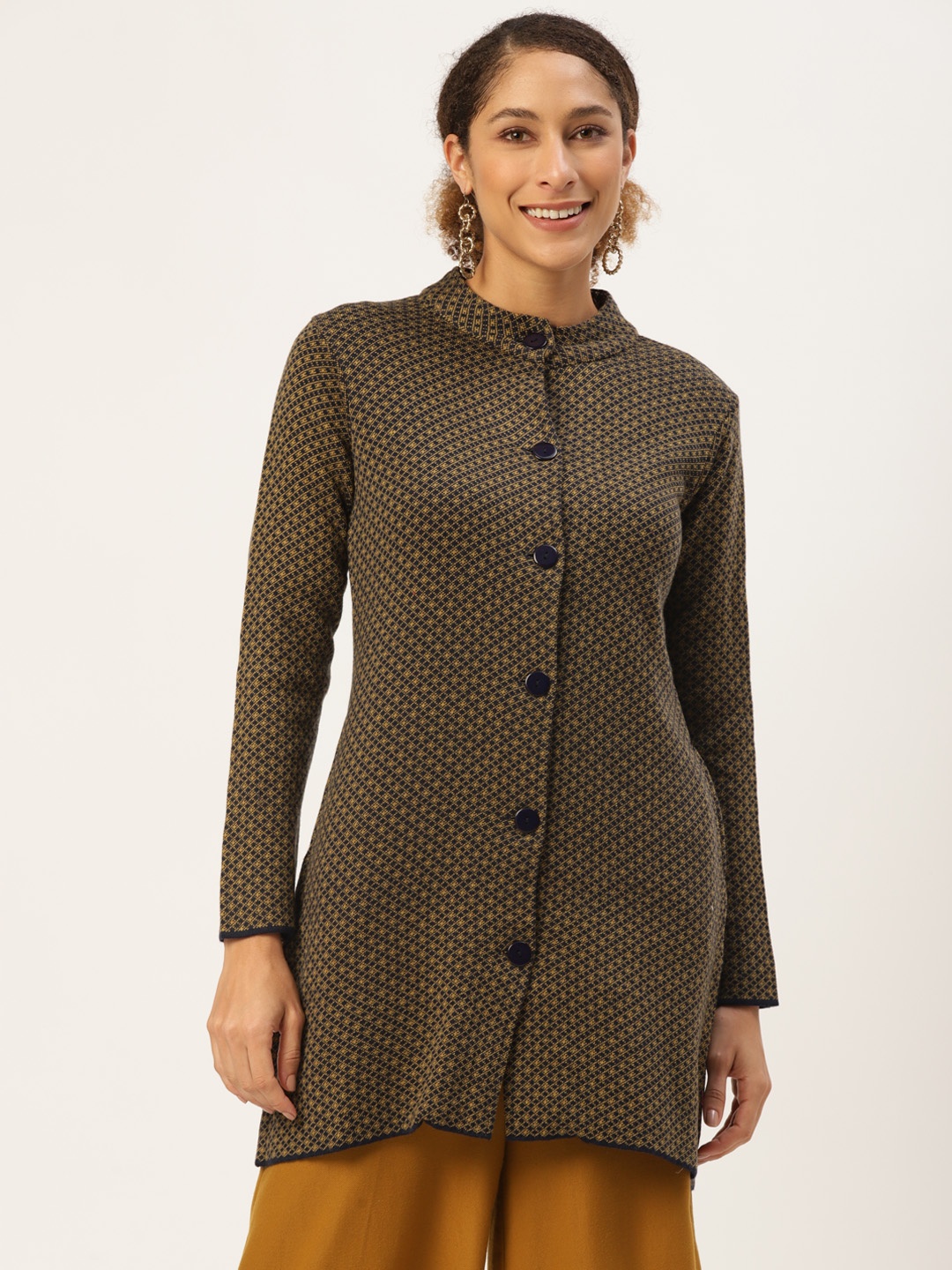 

American Eye Women Black & Mustard Woven Design Cardigan