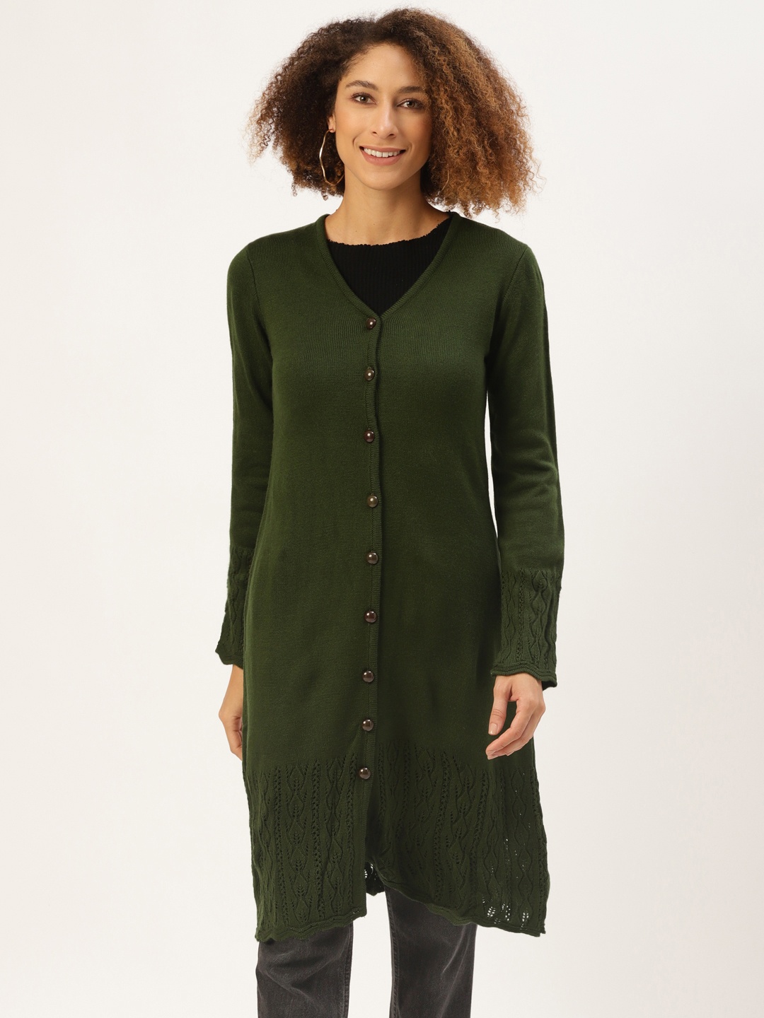 

American Eye Women Olive Green Solid Longline Cardigan