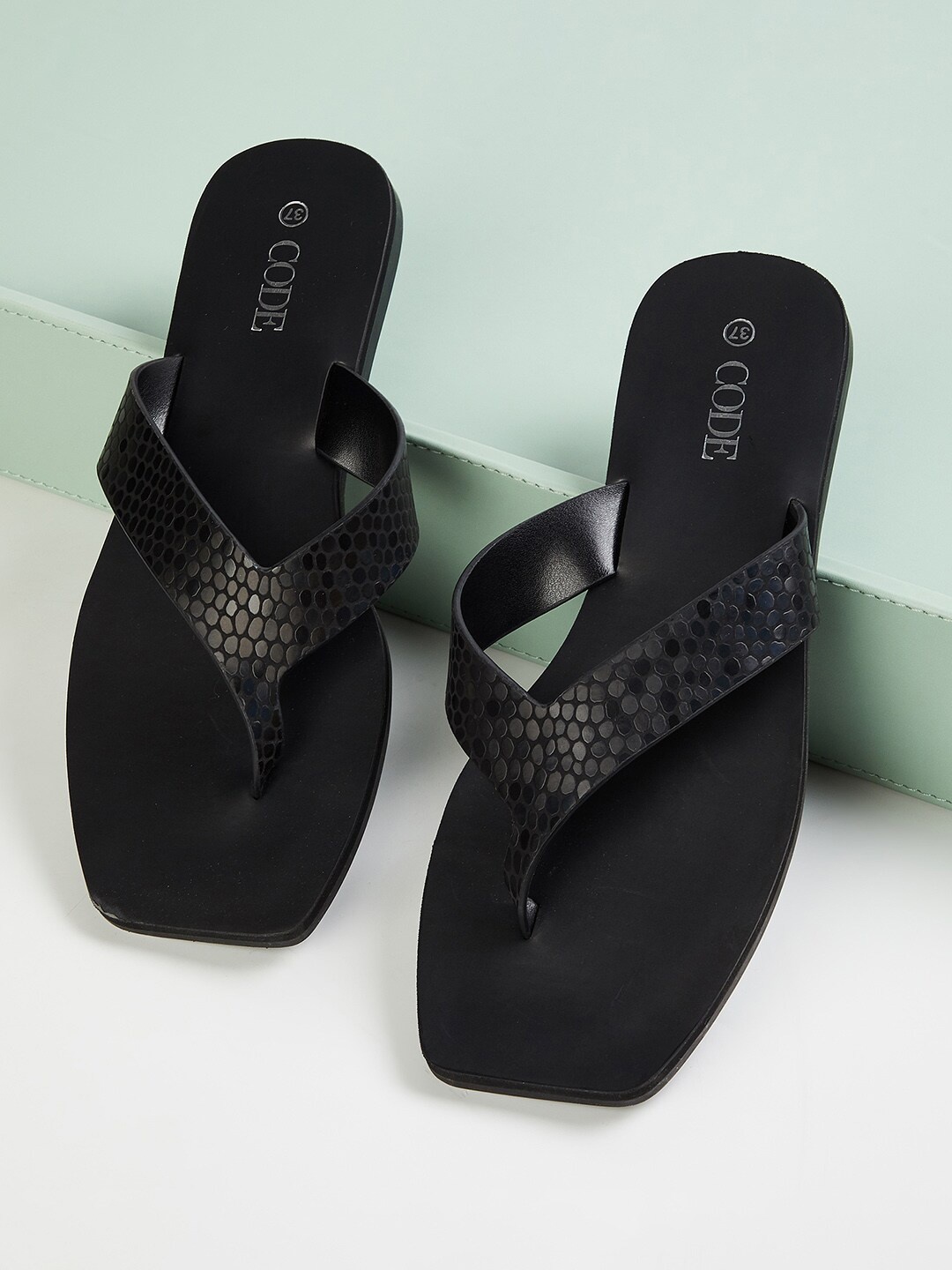 

CODE by Lifestyle Women Black Textured T-Strap Flats
