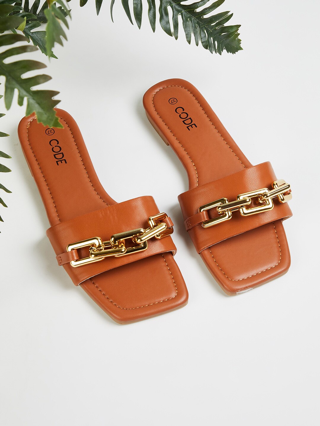 

CODE By Lifestyle Brown & Gold-Toned Casual Synthetic Open Toe Flats