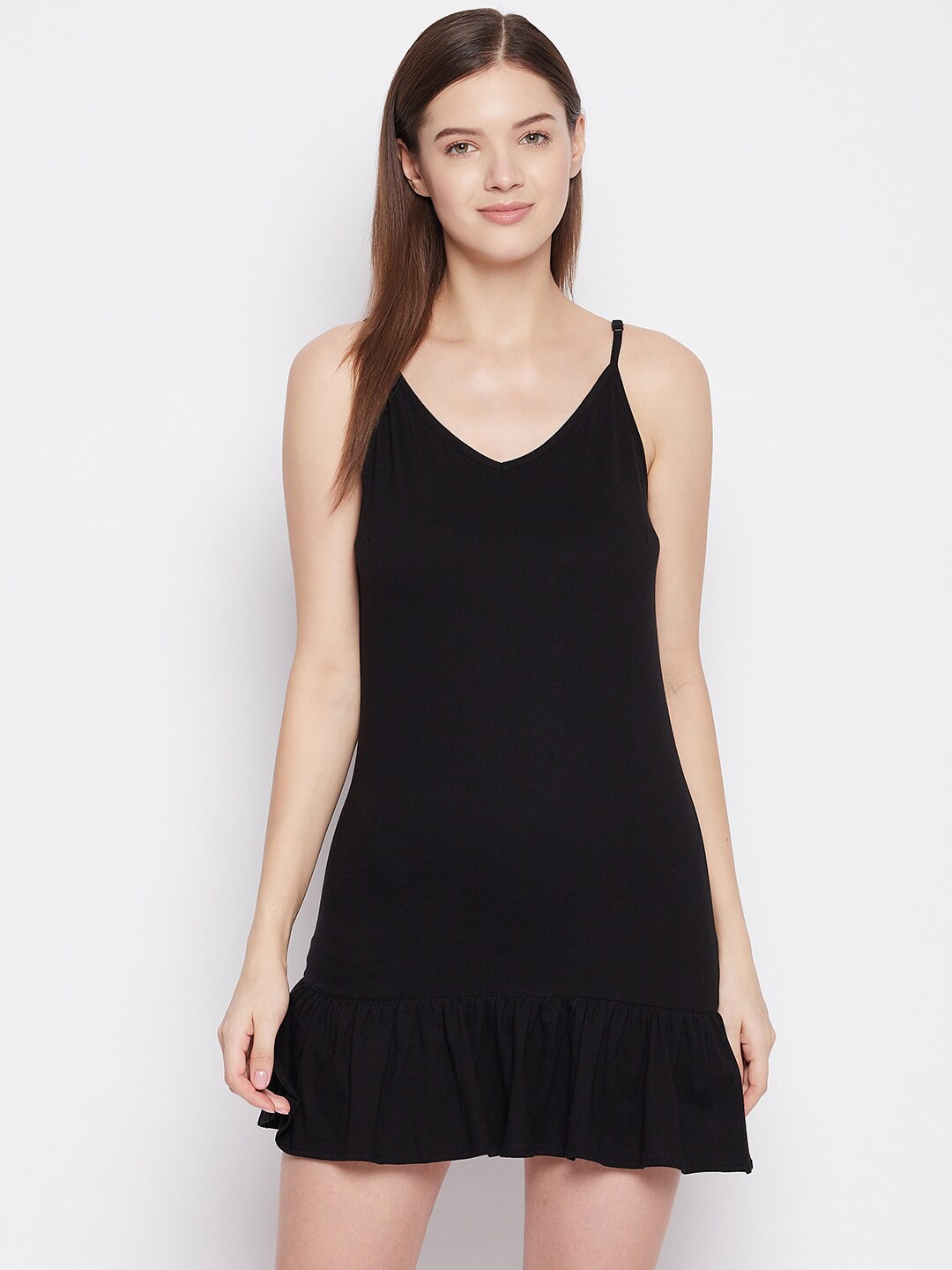 Hypernation Black Solid 100% Cotton Nightdress