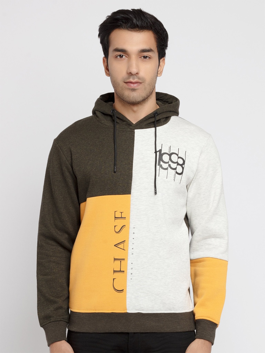 

Status Quo Men Olive Green & Mustard Yellow Colourblocked Hooded Sweatshirt