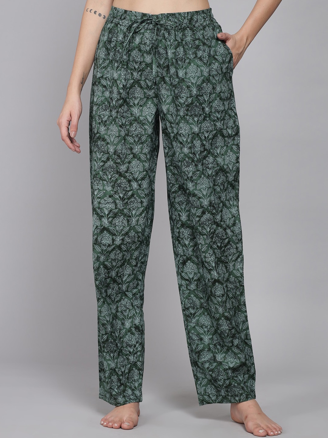 

Shararat Women Green Printed Cotton Lounge Pants