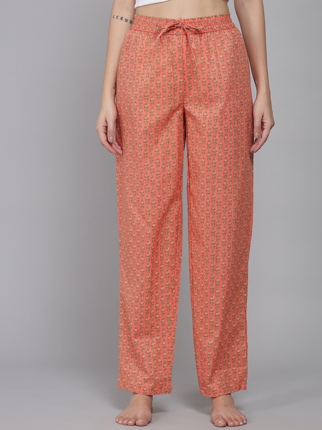 

Women Peach coloured Printed Cotton Lounge Pants