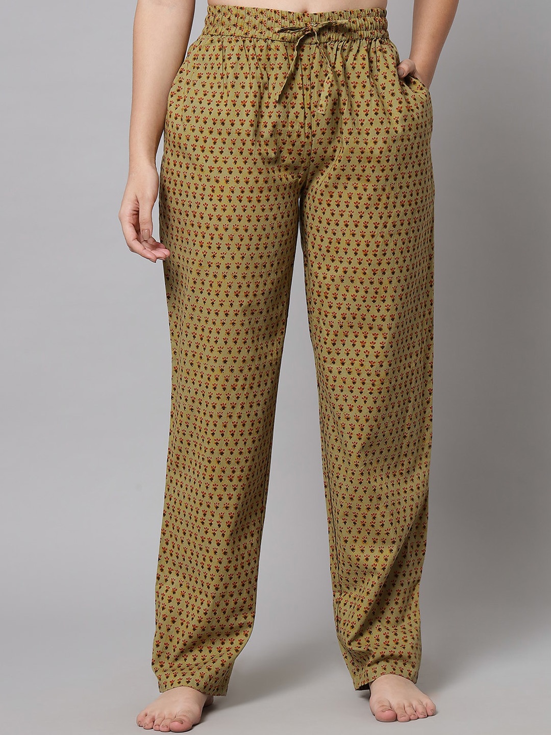 

Shararat Women Green Ditsy Printed Elasticated Waist Cotton Lounge Pants