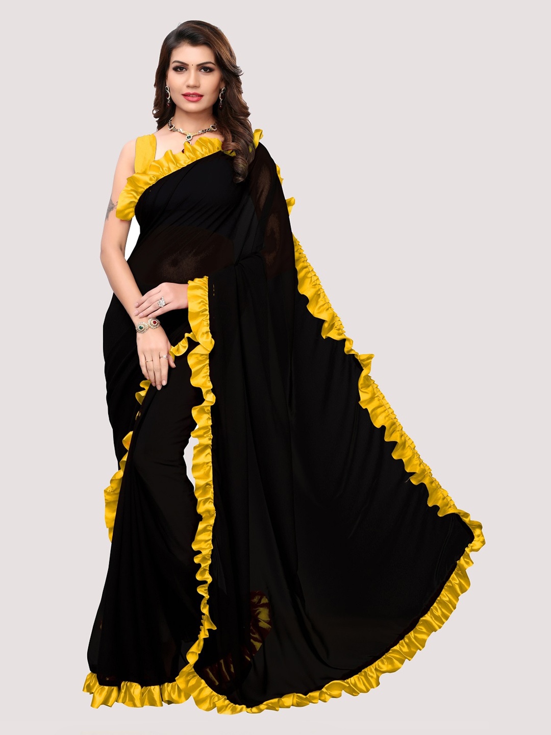 

Fashionuma Black & Yellow Solid Ruffle Saree